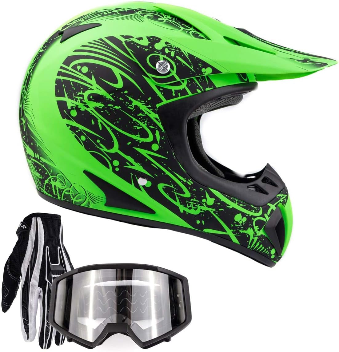 Typhoon Helmets Typhoon ATV Motorcycle Helmet with Goggles & Gloves - DOT Certified Off-Road Racing Protection Gear Set for Adults/Teens - Durable MX Combo Pack