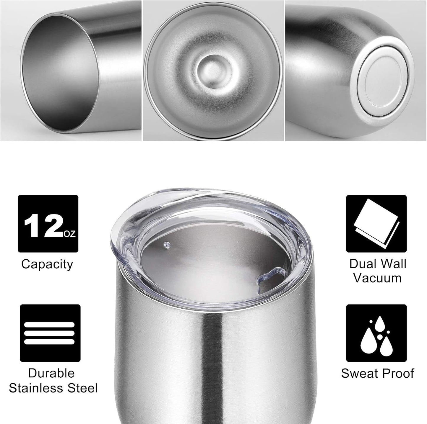 VEGOND 12-Pack Stainless Steel Wine Tumblers - 12oz Double Wall Insulated Cups with Lids & Straws for Hot & Cold Drinks