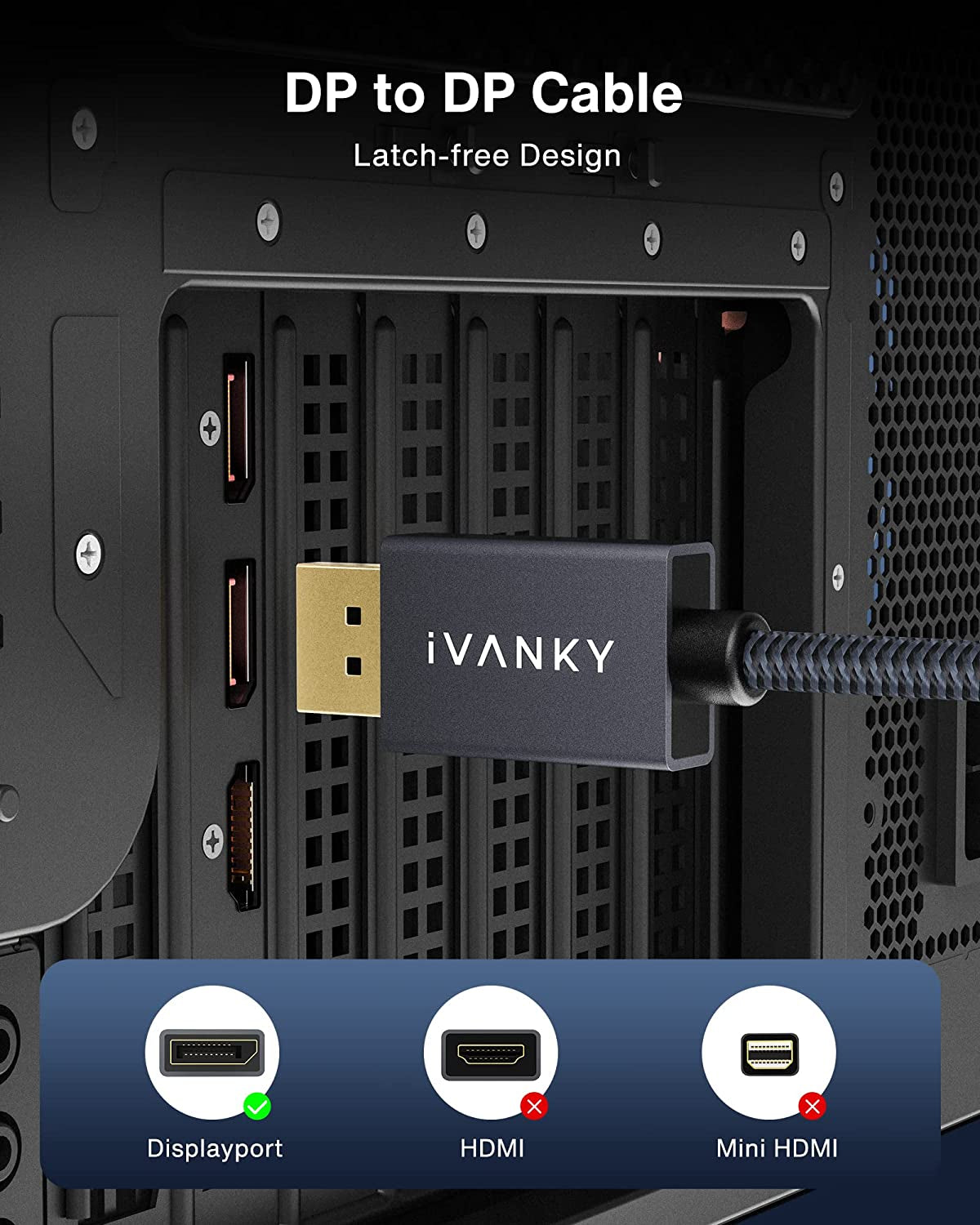 IVANKY 6FT DisplayPort Cable 2-Pack - Nylon DP to DP Cord for 4K@60Hz & 2K@165Hz - Perfect for PC, Laptop, and TV