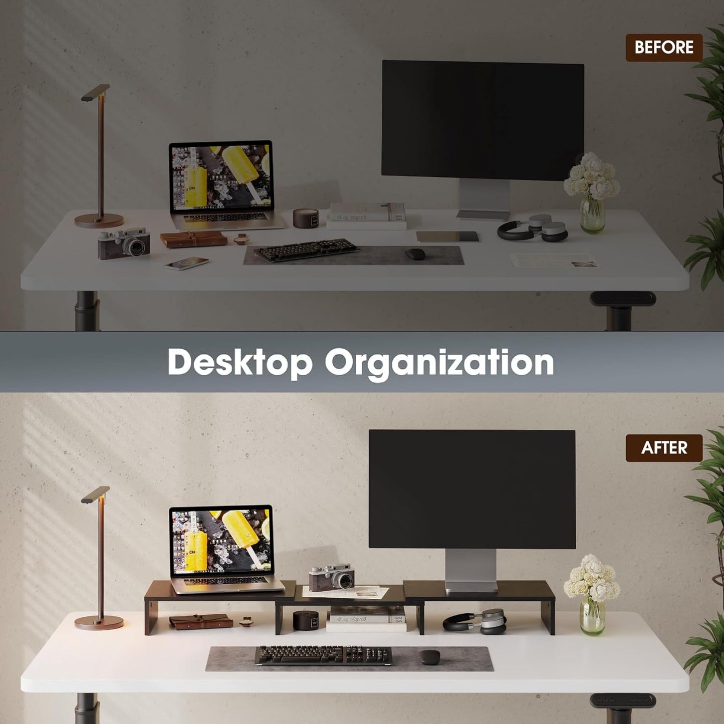 FITUEYES Dual Monitor Stand - Adjustable 3-Shelf Wood Riser for Optimal Desk Organization, Stylish Black Design
