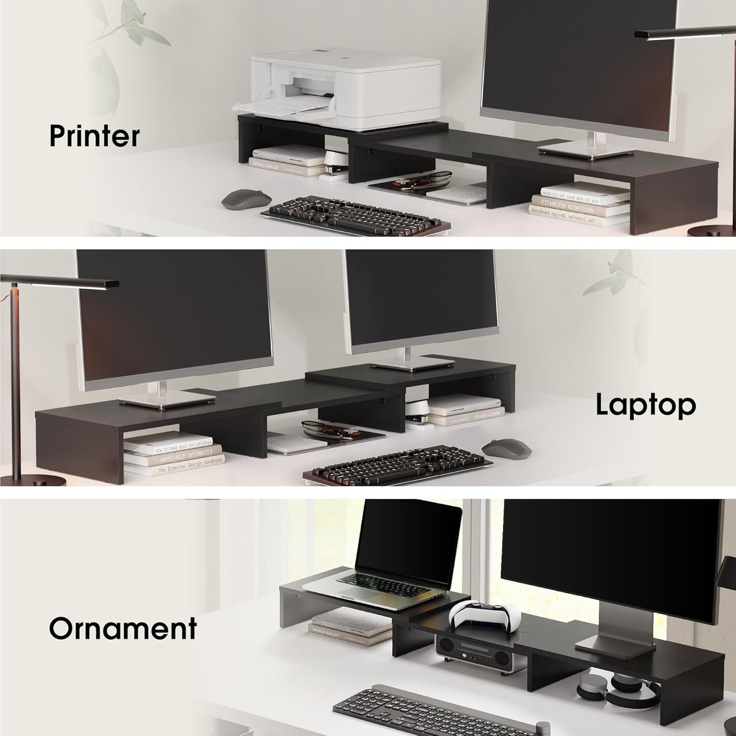 FITUEYES Dual Monitor Stand - Adjustable 3-Shelf Wood Riser for Optimal Desk Organization, Stylish Black Design