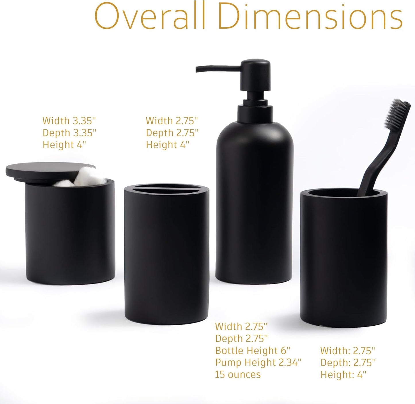 Sleek Matte Black 4-Piece Bathroom Accessory Set - Toothbrush Holder, Soap Dispenser, Tumbler & Cotton Swab Jar for Stylish Vanity Organization
