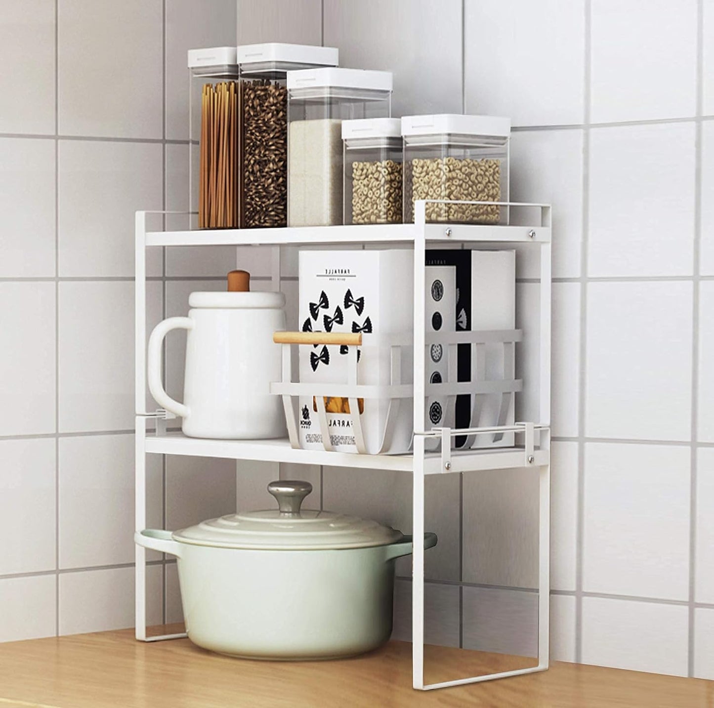 2-Pack Stackable Steel Frame Shelf Organizer - Space-Saving Storage Solution for Kitchen, Bathroom, Office & More - Rust Resistant & Non-Slip White Design