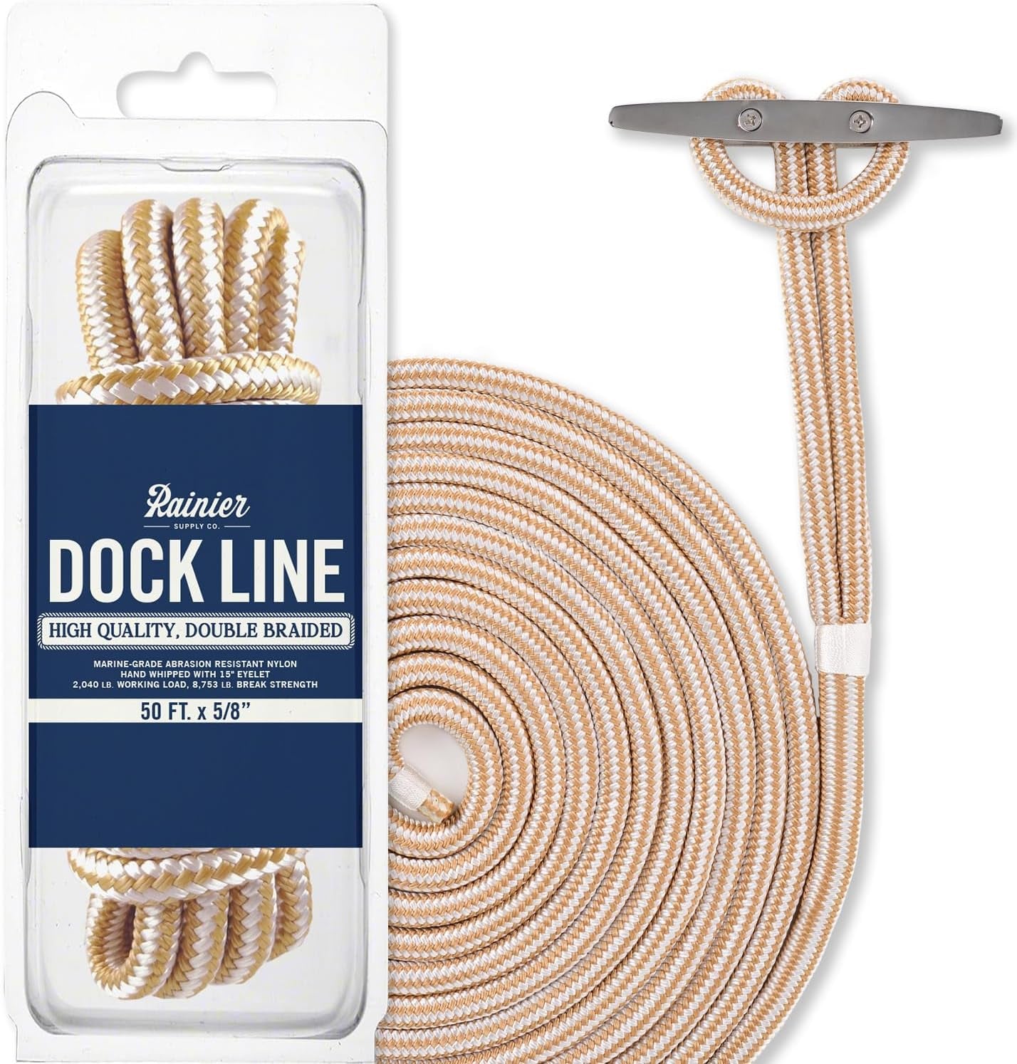 Rainiersupplyco Dock Lines - Boat Rope for Docking with Loop - 30 Ft X 3/4 Inch Premium Double Braided Nylon Marine Rope - Mooring Line with 18" Eyelet - Boat Accessories - Navy Blue