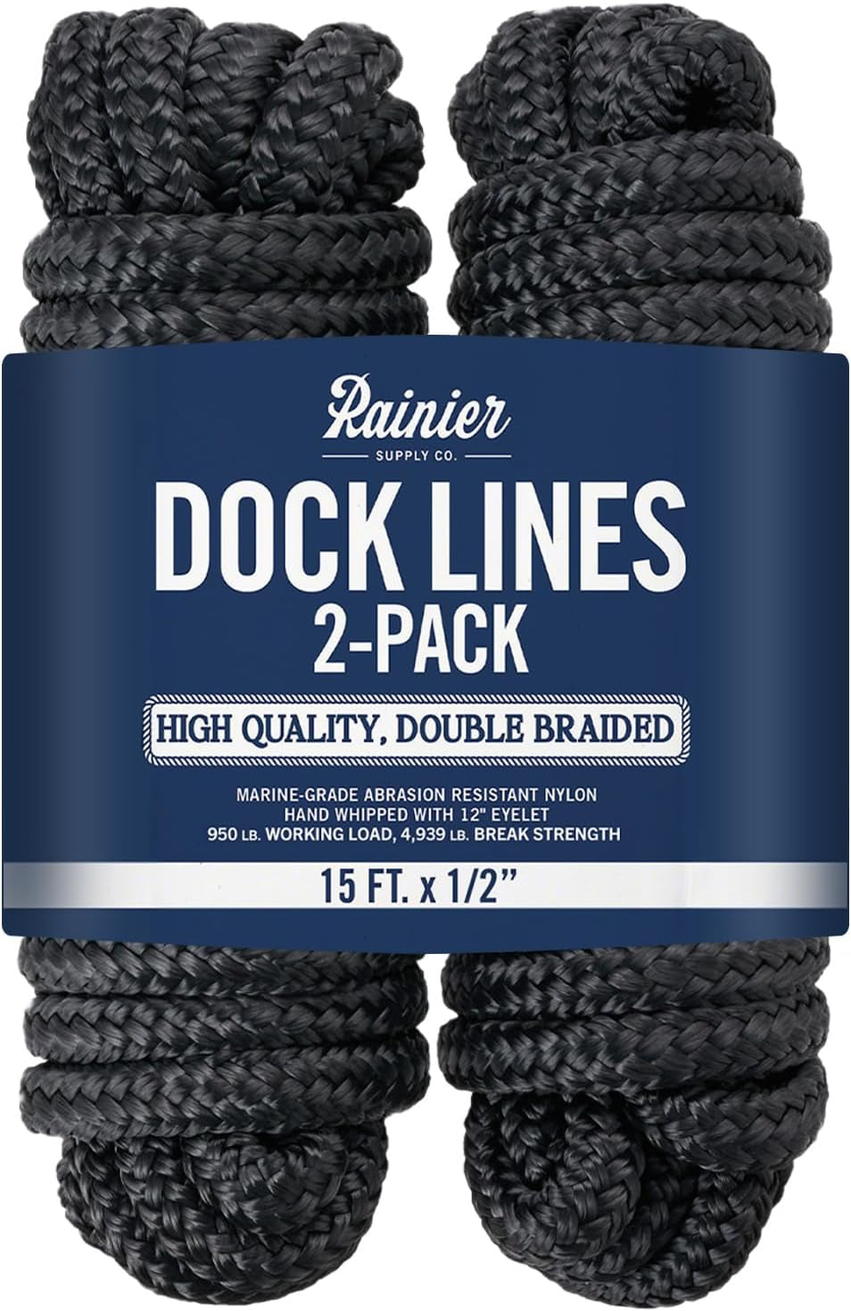 Rainiersupplyco Dock Lines - Boat Rope for Docking with Loop - 30 Ft X 3/4 Inch Premium Double Braided Nylon Marine Rope - Mooring Line with 18" Eyelet - Boat Accessories - Navy Blue