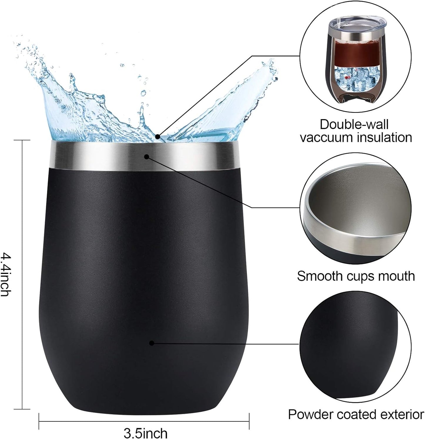 Set of 8 Insulated 12Oz Stainless Steel Wine Tumblers - Double Wall Stemless Cups with Lids for Wine, Coffee, Cocktails & Champagne - Sleek Black Design