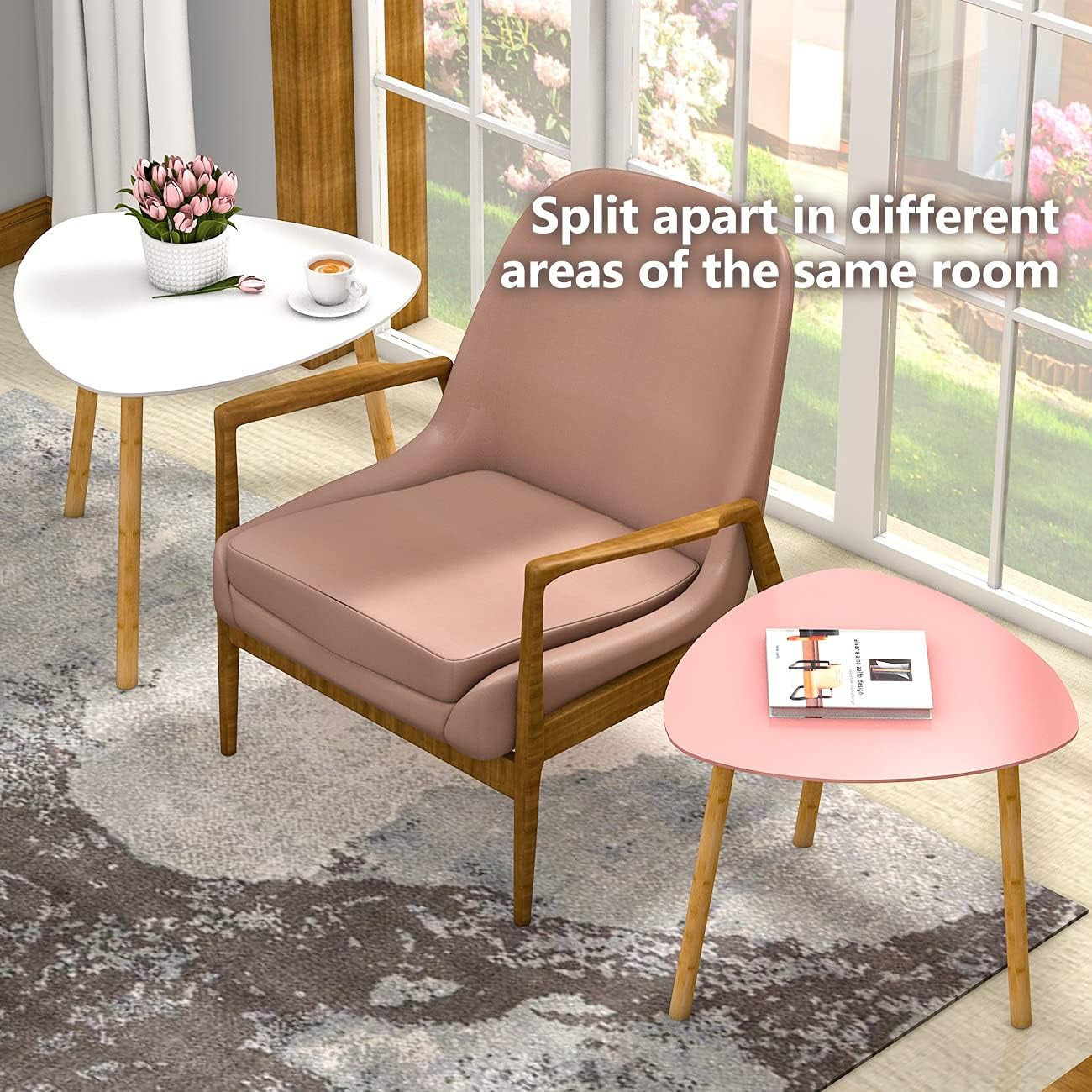 Bambloom Bamboo Nesting Coffee Tables - Small Coffee Table for Living Room, Set of 2 Triangle End Table Modern Side Table for Bedroom Apartment Balcony Yard Small Spaces, (White & Pink)