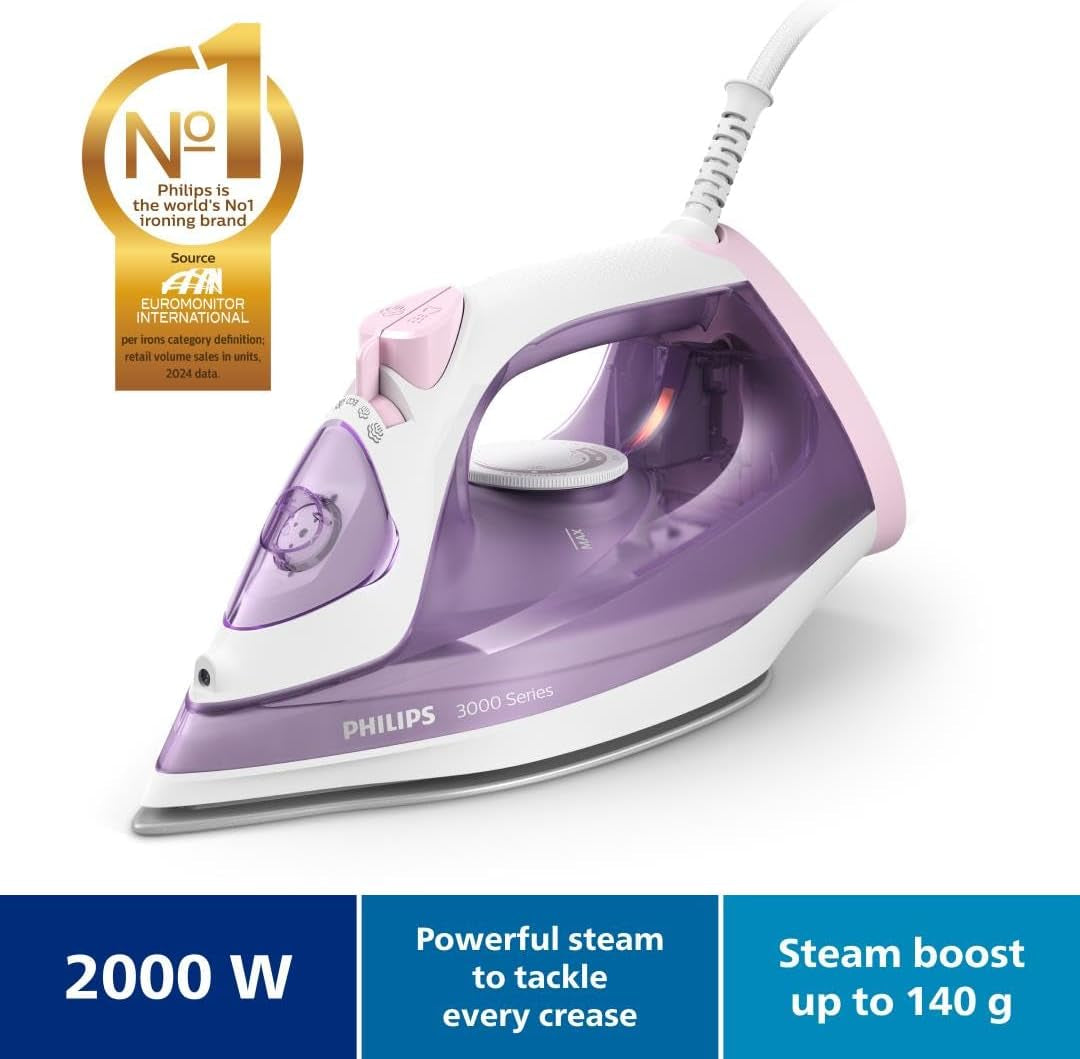 Perfect Care 3000 Series Steam Iron, 2000 W Power, 30 G/Min Continuous Steam, 140 G Steam Boost, 300 Ml Water Tank, Ceramic Soleplate, Purple (DST3010/39)