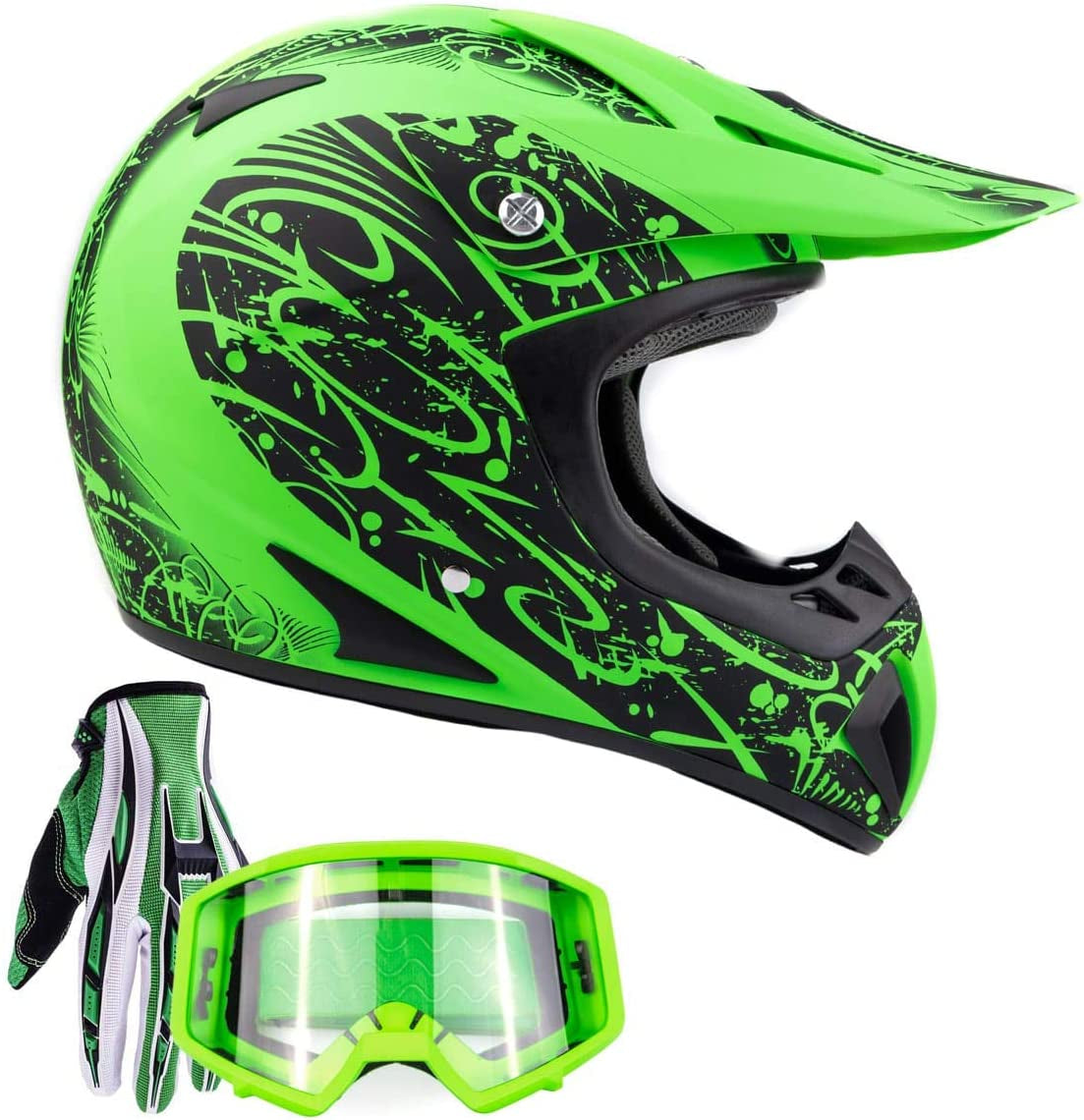 Typhoon Helmets Typhoon ATV Motorcycle Helmet with Goggles & Gloves - DOT Certified Off-Road Racing Protection Gear Set for Adults/Teens - Durable MX Combo Pack