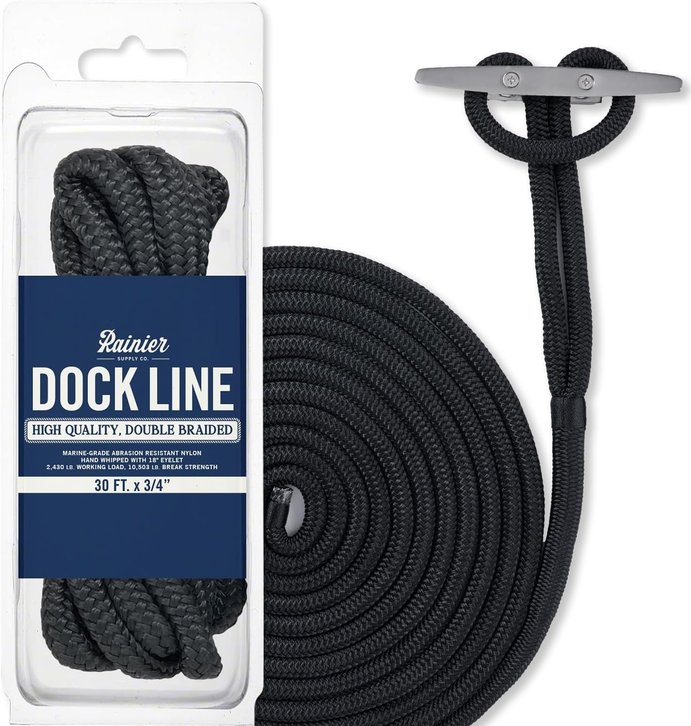 Rainiersupplyco Dock Lines - Boat Rope for Docking with Loop - 30 Ft X 3/4 Inch Premium Double Braided Nylon Marine Rope - Mooring Line with 18" Eyelet - Boat Accessories - Navy Blue