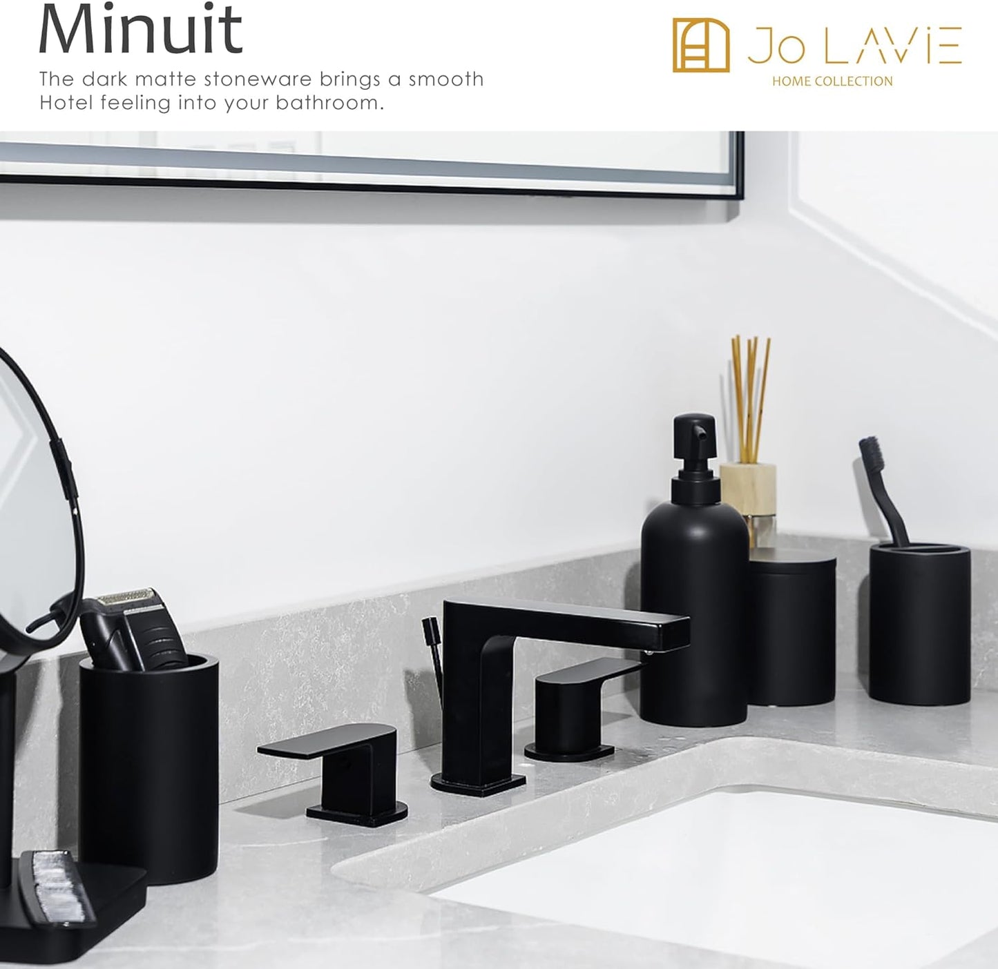 Sleek Matte Black 4-Piece Bathroom Accessory Set - Toothbrush Holder, Soap Dispenser, Tumbler & Cotton Swab Jar for Stylish Vanity Organization
