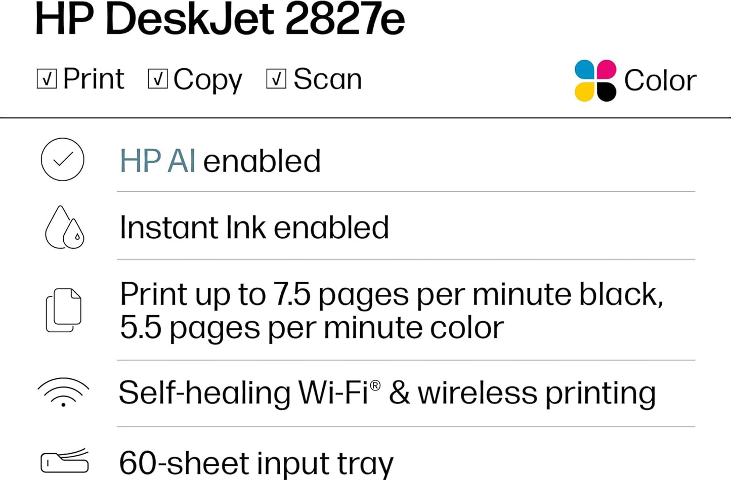 HP Deskjet 2827E Wireless All-In-One Color Inkjet Printer - Perfect for Home Use with Scanner, Copier & 3-Month Instant Ink Trial Included!