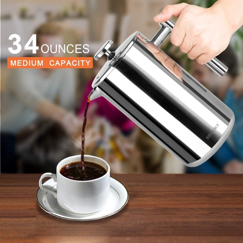Secura 34Oz French Press Coffee Maker - Premium 304 Stainless Steel Insulated Coffee Press with 2 Extra Screens - Sleek Silver Design
