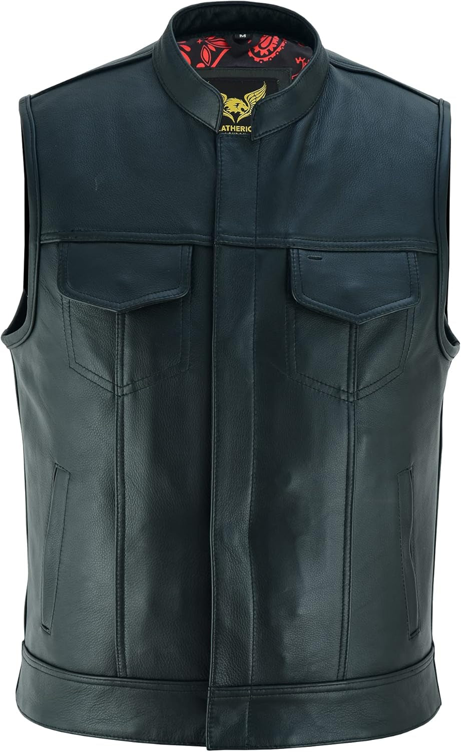 Leatherick Mens Black Motorcycle Vests - SOA Club & Traditional Paisley Satin Liner Leather Biker Vests