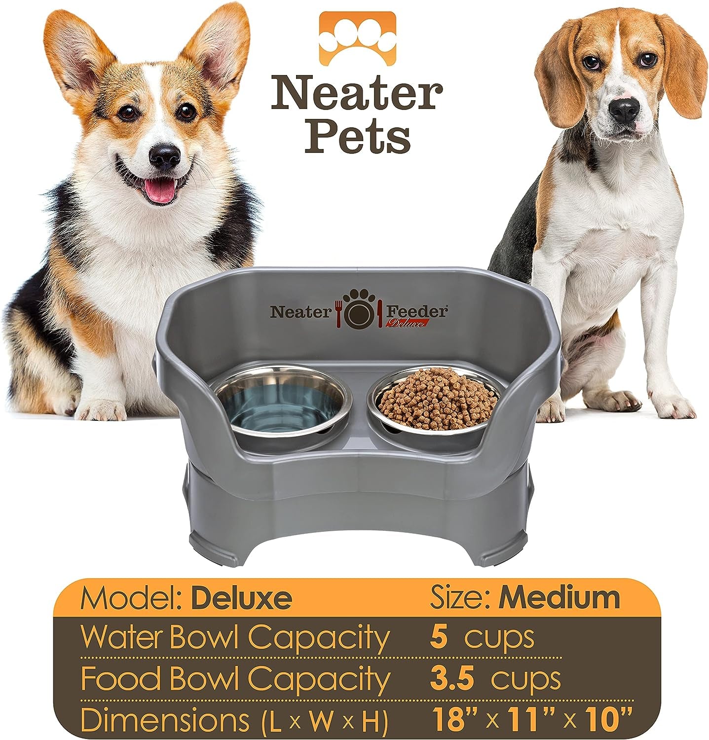 Neater Pet Brands Neater Feeder Deluxe Mess Proof Dog Bowls Elevated for Medium Dogs 19-40 Lbs, Made in USA, No Spill Raised Dog Food Bowl Stand Feeding Station, Food and Water Bowl Set, Grey