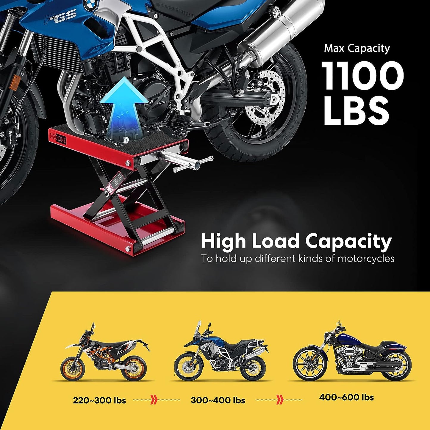 VIVOHOME Motorcycle Lift Scissor Jack Steel Wide Deck Hoist Crank Center Stand 1100 LBS Capacity for Motorcycles, Atvs, Dirt Bikes Red