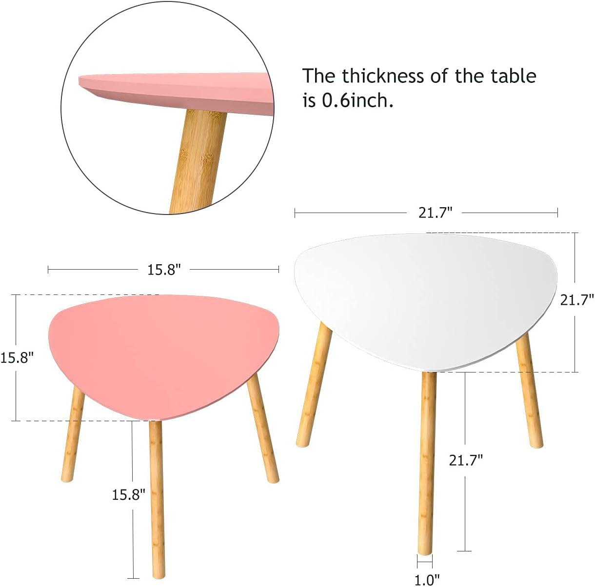 Bambloom Bamboo Nesting Coffee Tables - Small Coffee Table for Living Room, Set of 2 Triangle End Table Modern Side Table for Bedroom Apartment Balcony Yard Small Spaces, (White & Pink)