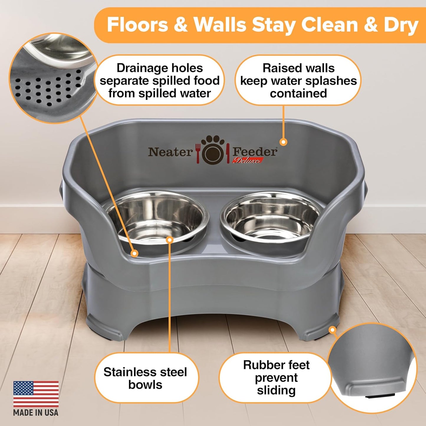 Neater Pet Brands Neater Feeder Deluxe Mess Proof Dog Bowls Elevated for Medium Dogs 19-40 Lbs, Made in USA, No Spill Raised Dog Food Bowl Stand Feeding Station, Food and Water Bowl Set, Grey