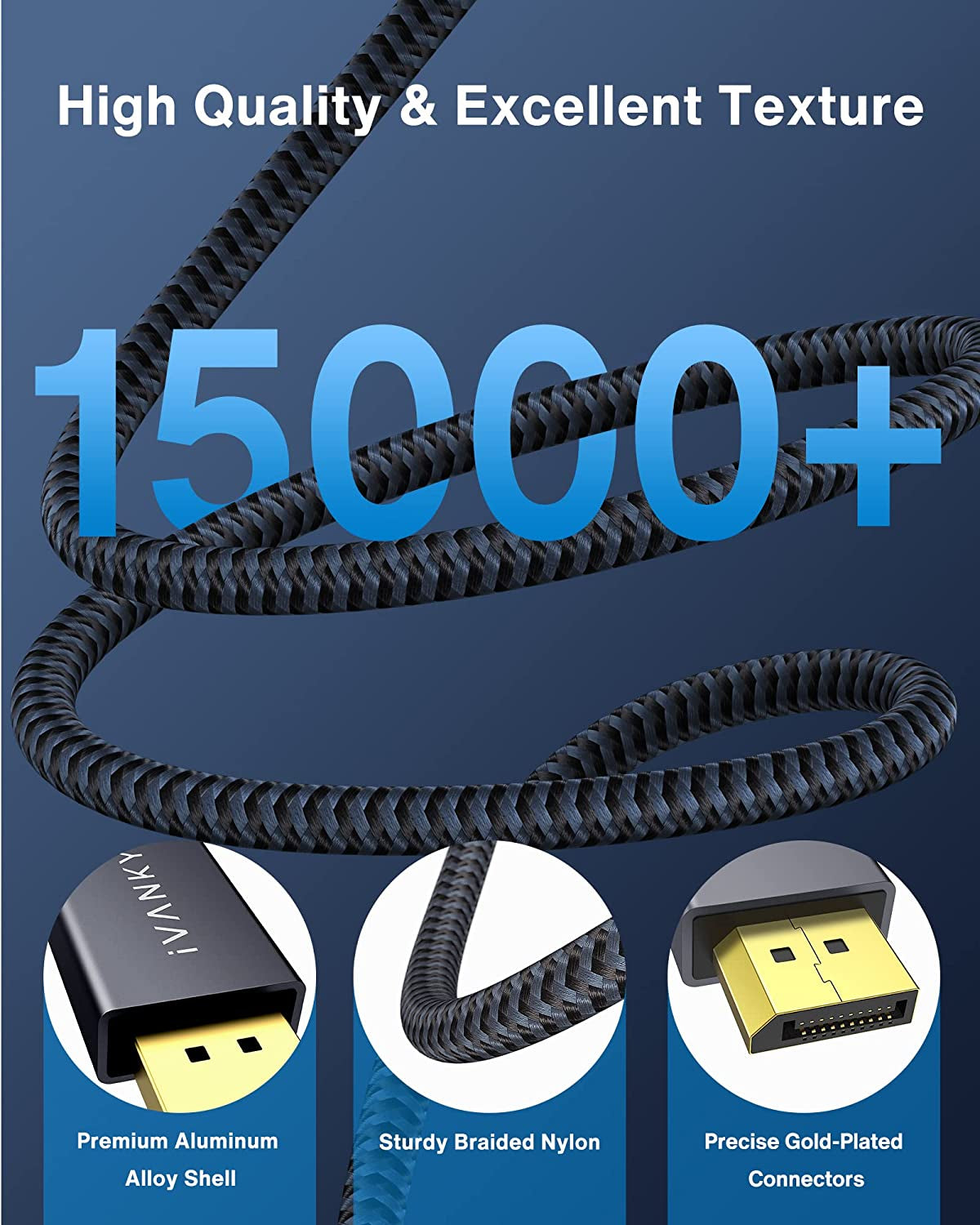 IVANKY 6FT DisplayPort Cable 2-Pack - Nylon DP to DP Cord for 4K@60Hz & 2K@165Hz - Perfect for PC, Laptop, and TV