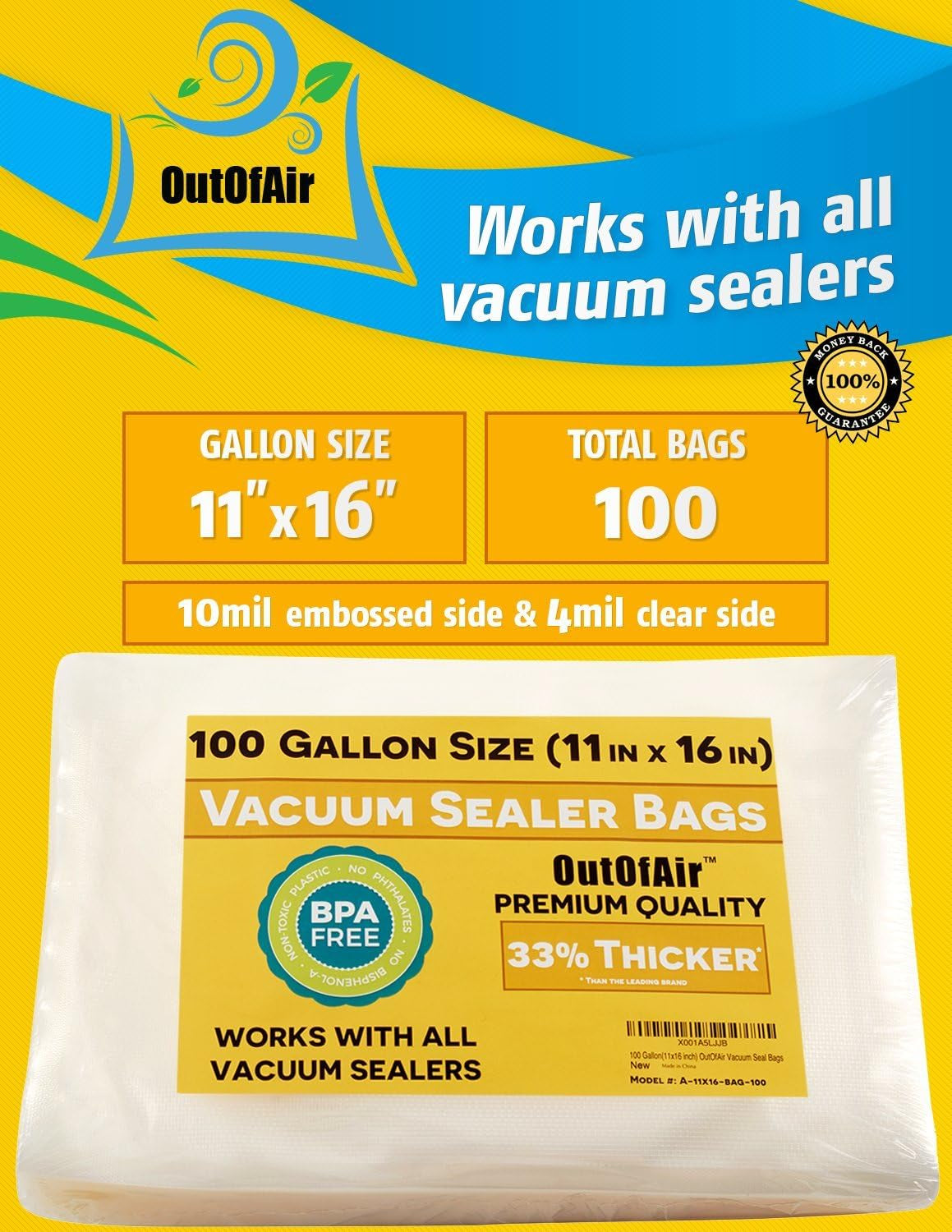 Premium 100 Gallon Vacuum Sealer Bags (11" X 16") - BPA Free, 33% Thicker, Compatible with Foodsaver & More - Commercial Grade Quality