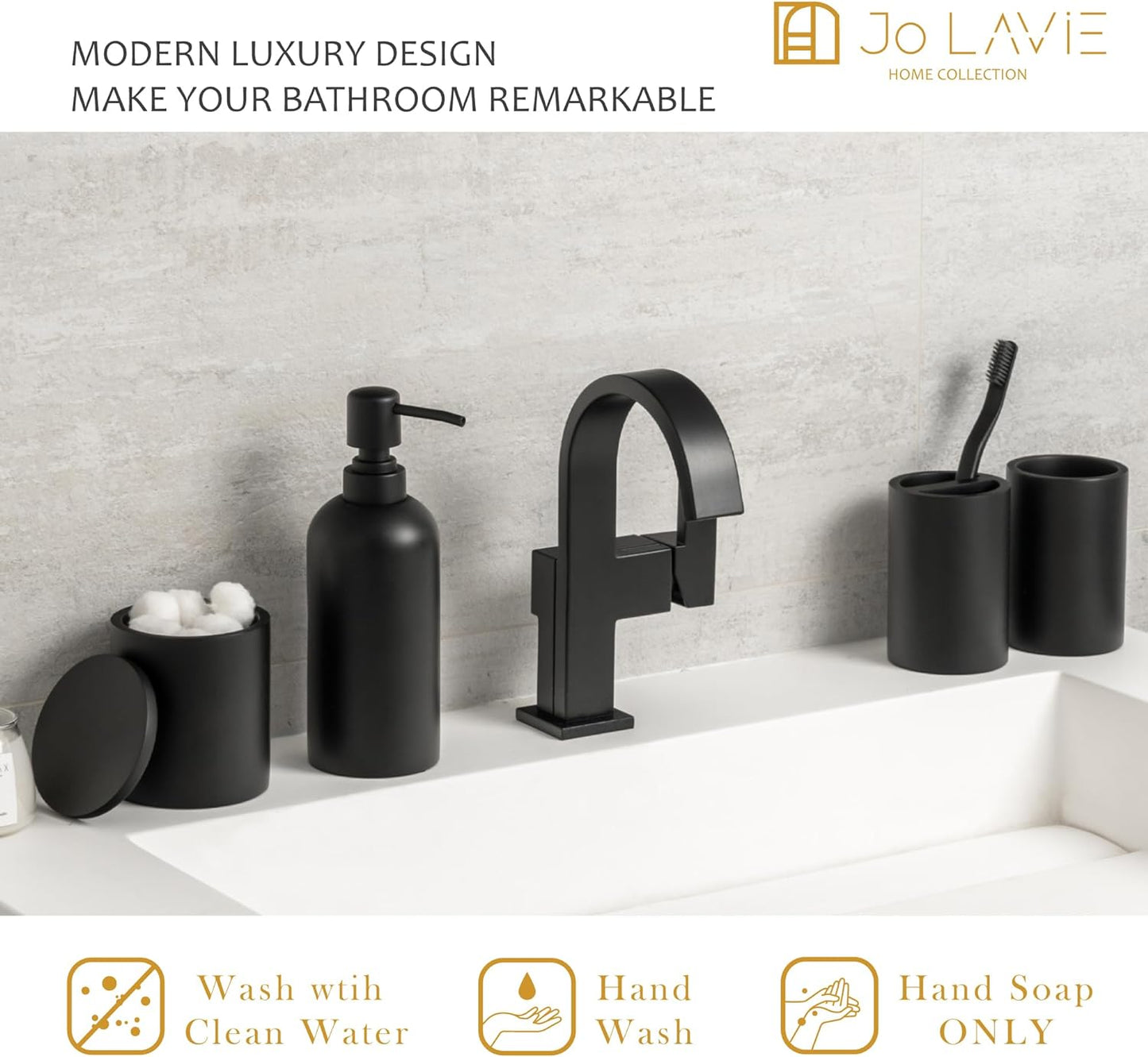 Sleek Matte Black 4-Piece Bathroom Accessory Set - Toothbrush Holder, Soap Dispenser, Tumbler & Cotton Swab Jar for Stylish Vanity Organization