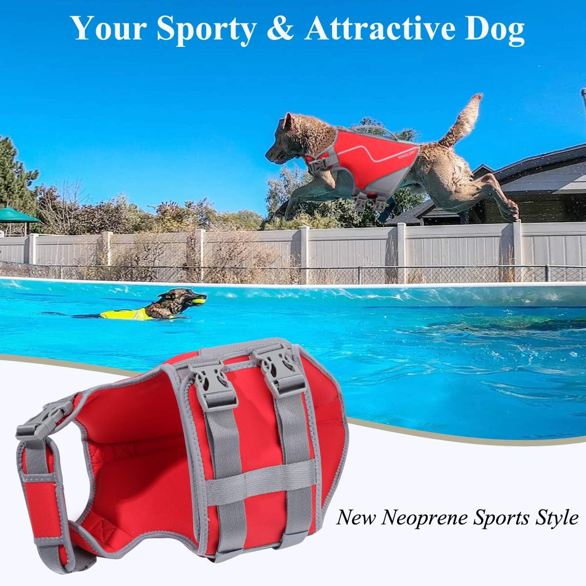 VIVAGLORY Neoprene Dog Life Vest, Dog Life Jacket for Swimming & Boating, Lightweight & Buoyancy for Puppy Doggy, Swimming Vest with Handle, M, Red