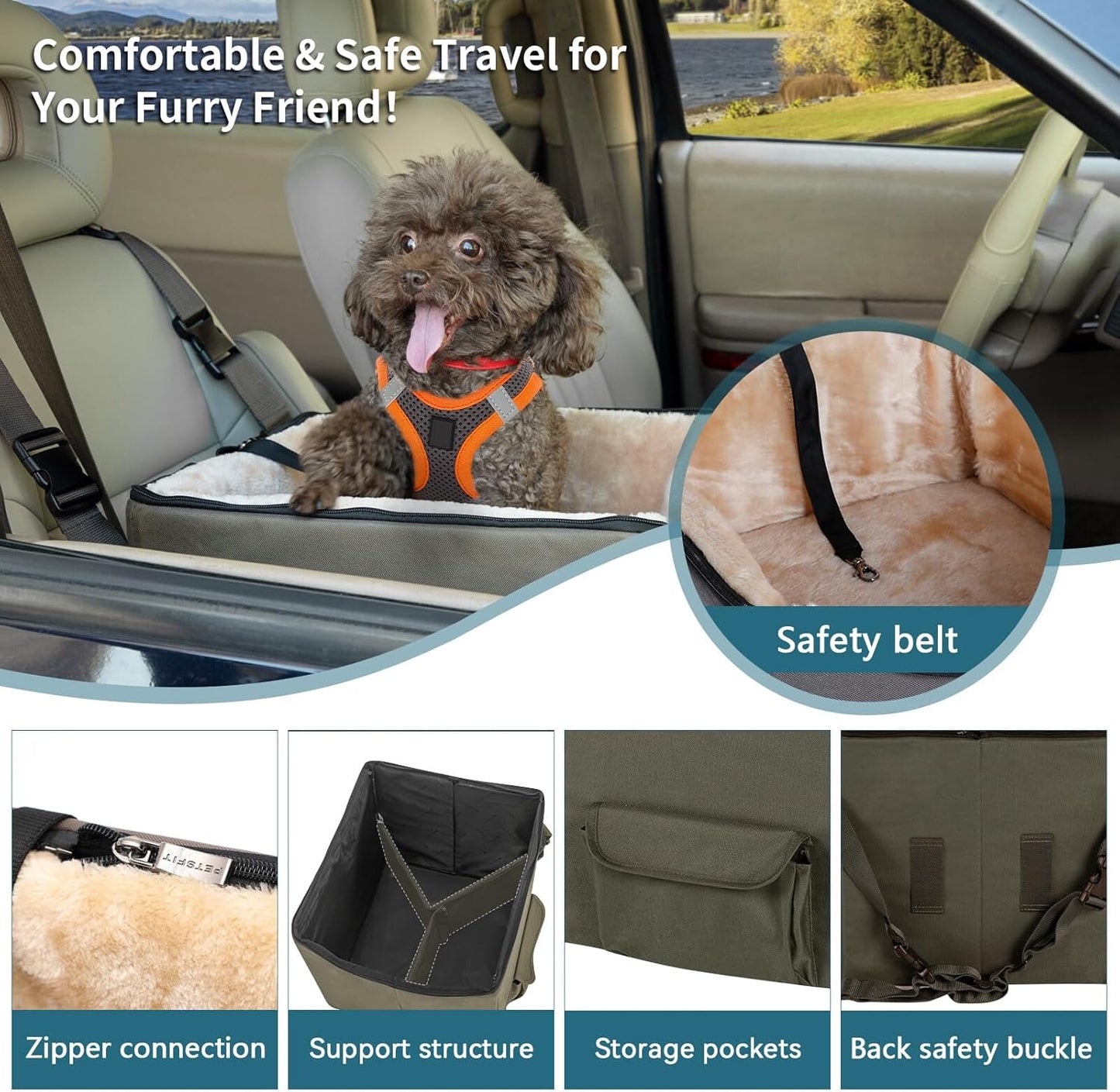 Petsfit Dog/Cat Booster Seat with Pockets, Small Dog Car Seat for Cars, Trucks and Suvs (Small, Dark Brown)