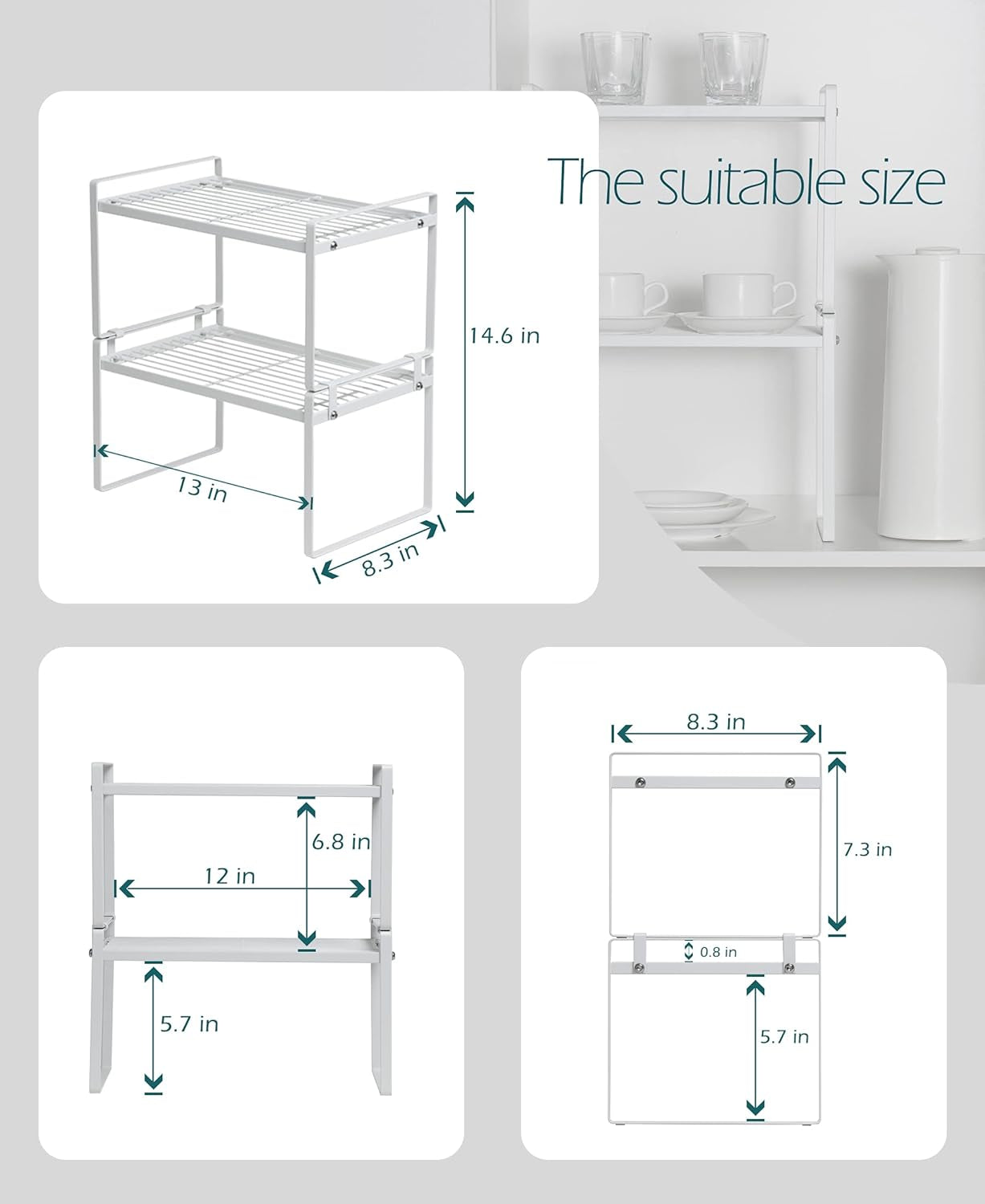 2-Pack Stackable Steel Frame Shelf Organizer - Space-Saving Storage Solution for Kitchen, Bathroom, Office & More - Rust Resistant & Non-Slip White Design