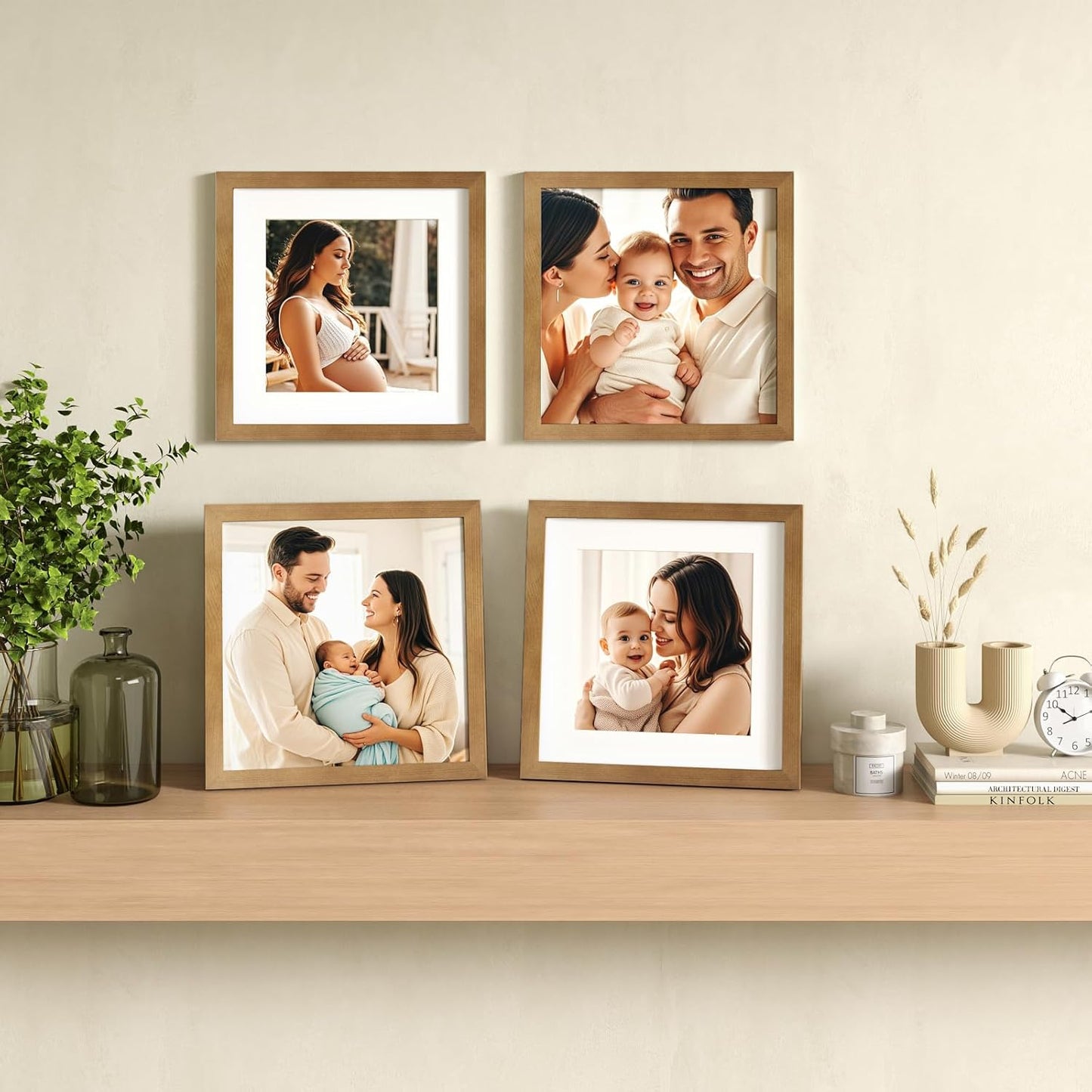 Egofine 11X11 Picture Frames 4 Pack Covered by Plexiglass, Display Pictures 8X8 with Mat or 11X11 without Mat Made of Solid Wood for Table Top Display and Wall Mounting Photo Frame, Light Brown