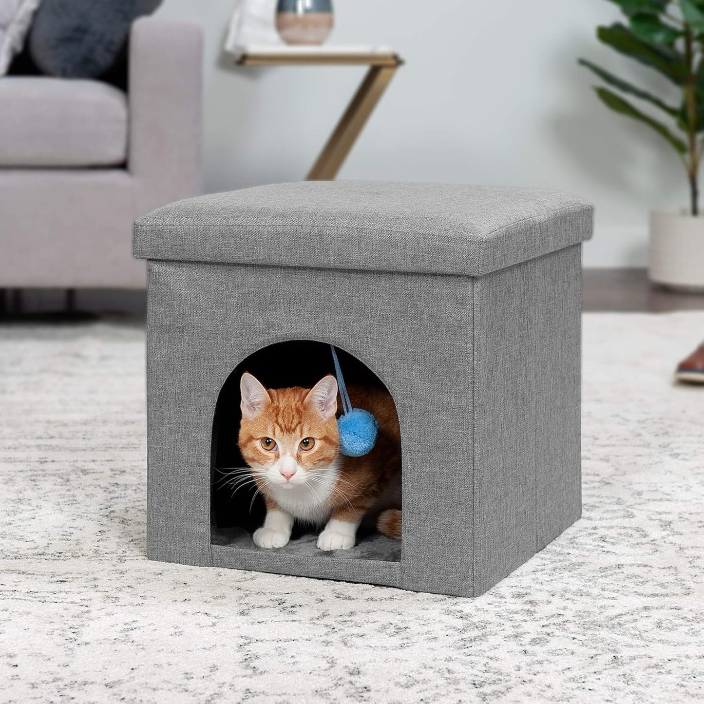 Furhaven Pet House for Indoor Cats & Small Dogs, Collapsible & Foldable W/ Plush Ball Toy - Living Room Footstool Cat Condo - Stormy Gray, Small