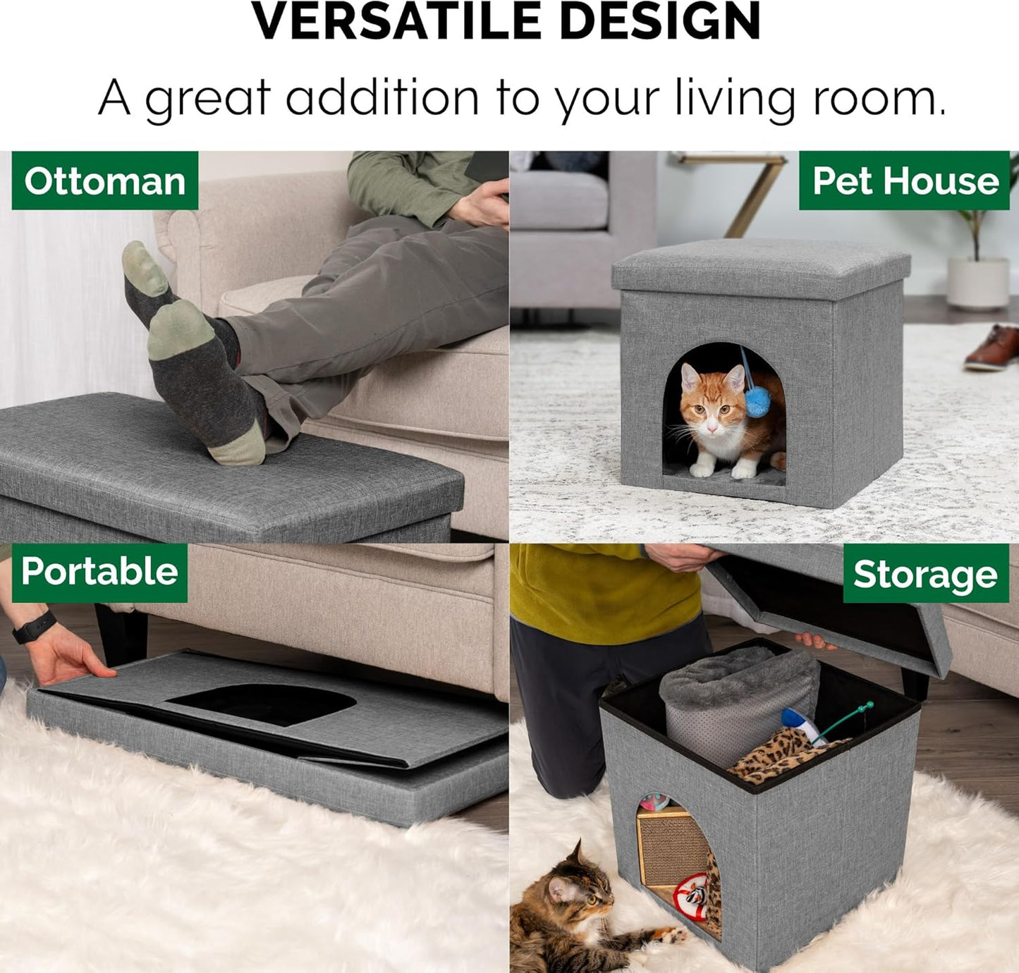 Furhaven Pet House for Indoor Cats & Small Dogs, Collapsible & Foldable W/ Plush Ball Toy - Living Room Footstool Cat Condo - Stormy Gray, Small