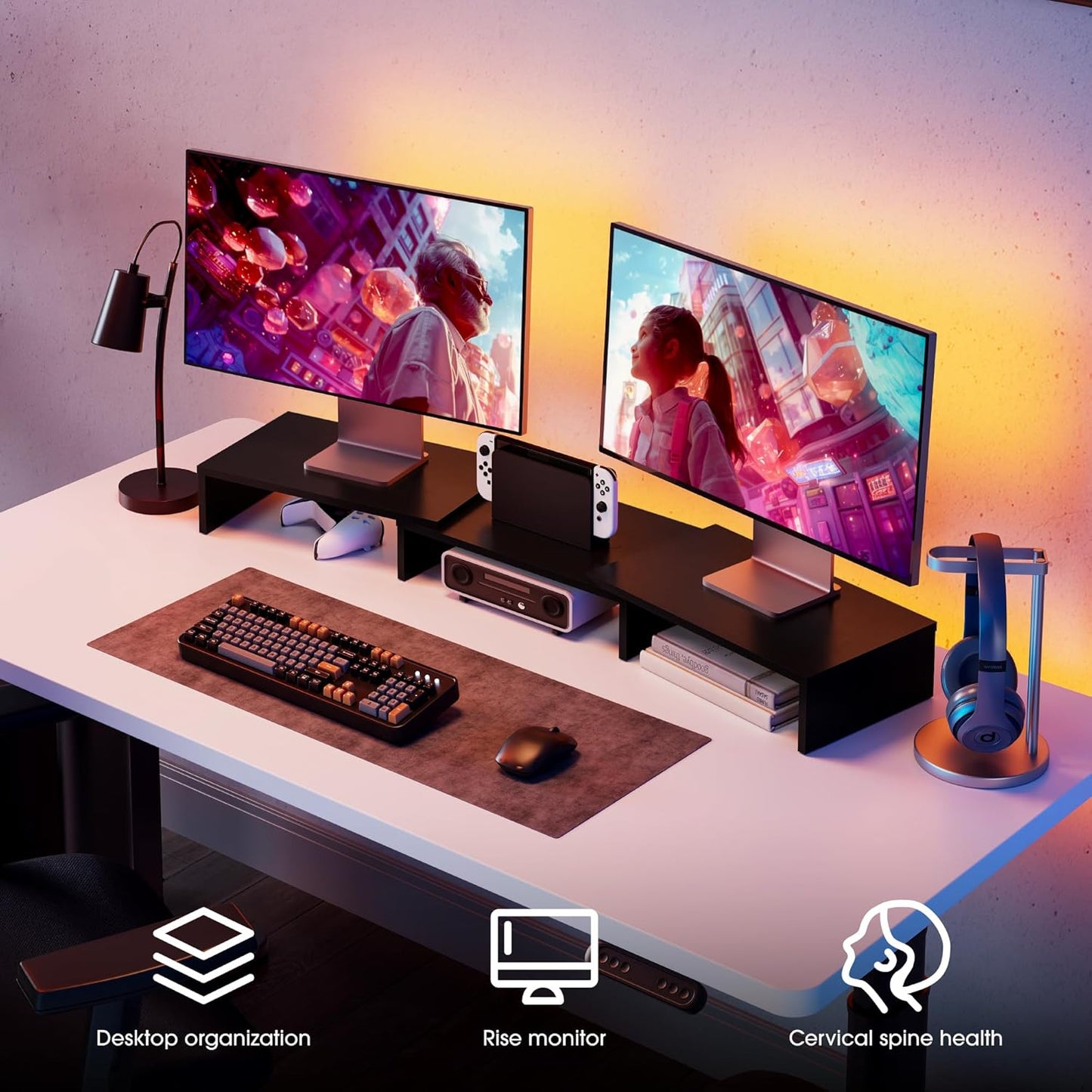FITUEYES Dual Monitor Stand - Adjustable 3-Shelf Wood Riser for Optimal Desk Organization, Stylish Black Design