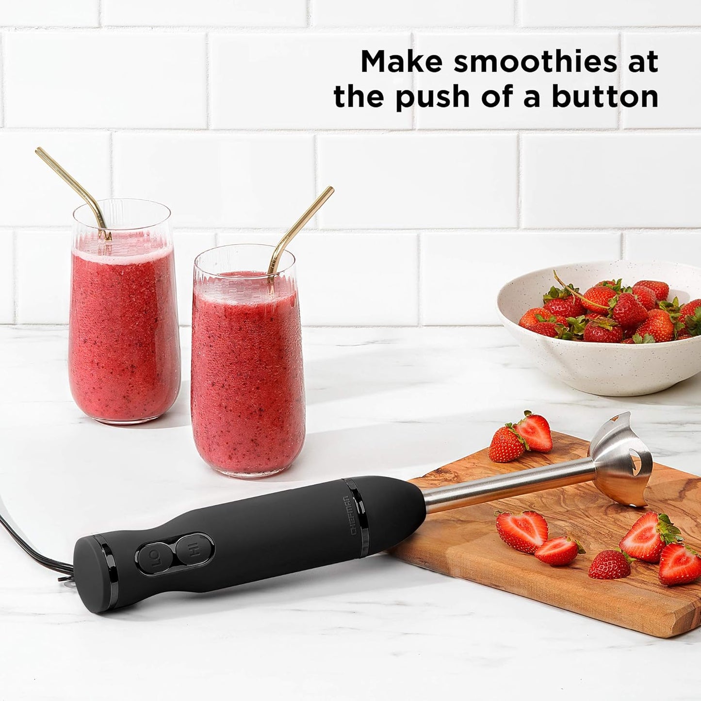 Chefman Powerful Immersion Hand Blender - 2-Speed Electric Mixer for Smoothies, Soups, Sauces & More - Ice Crushing, Black