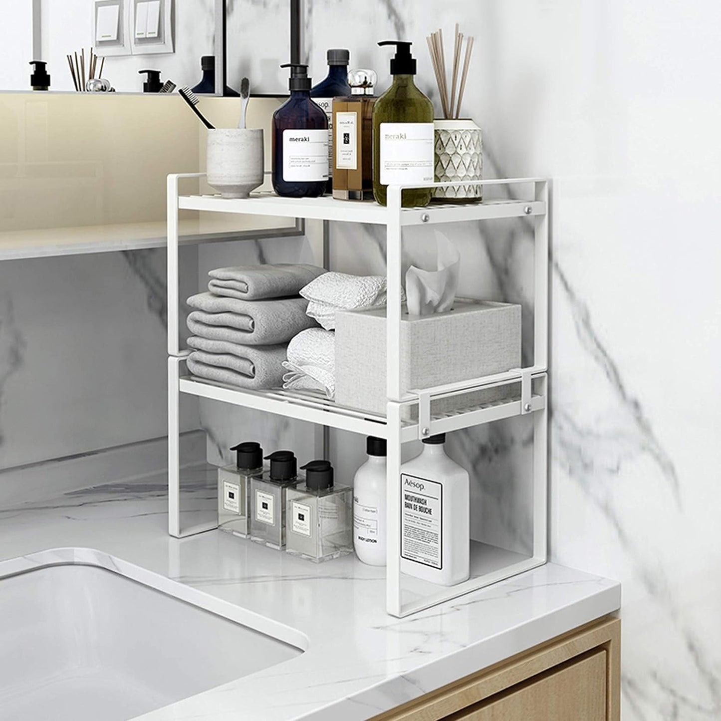 2-Pack Stackable Steel Frame Shelf Organizer - Space-Saving Storage Solution for Kitchen, Bathroom, Office & More - Rust Resistant & Non-Slip White Design