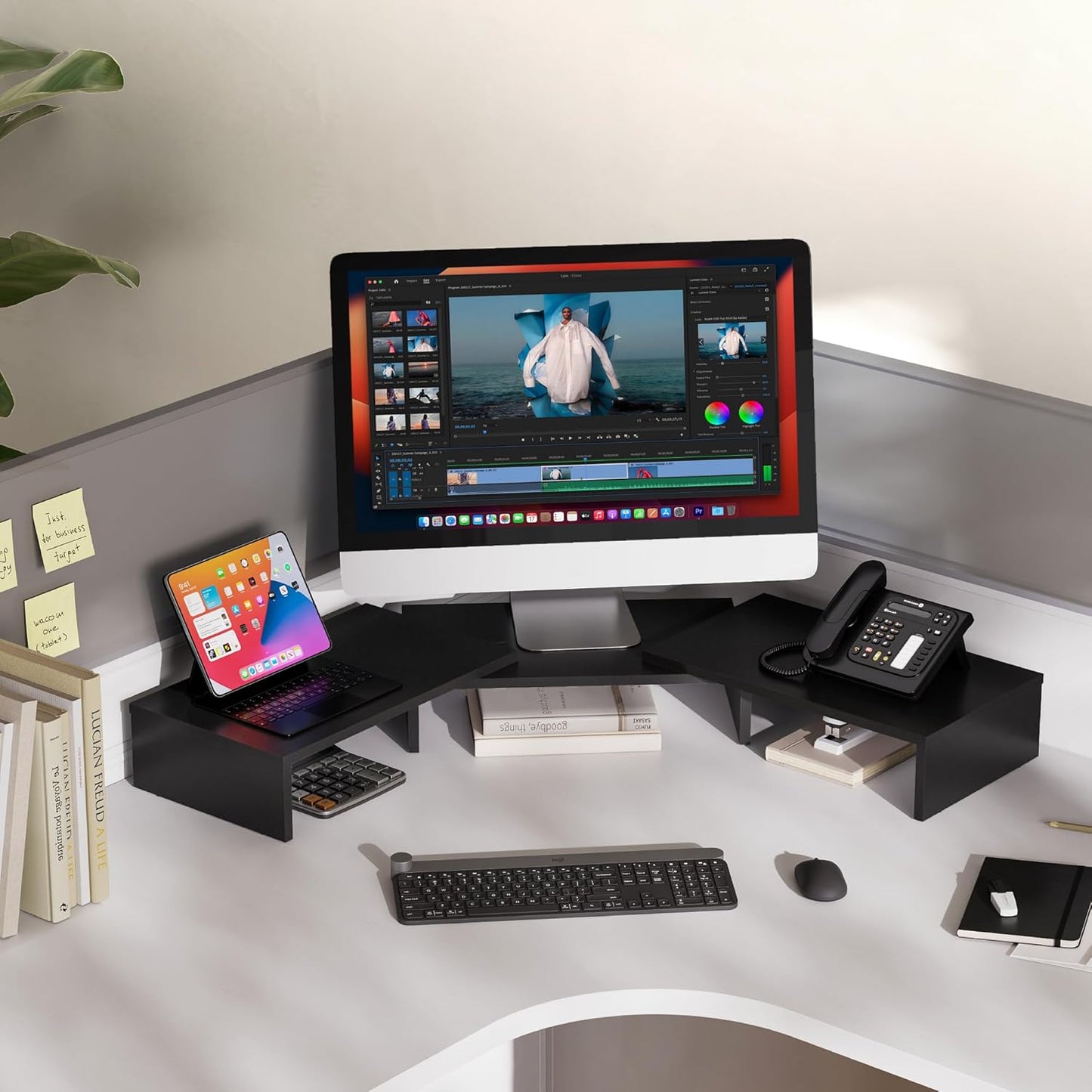 FITUEYES Dual Monitor Stand - Adjustable 3-Shelf Wood Riser for Optimal Desk Organization, Stylish Black Design