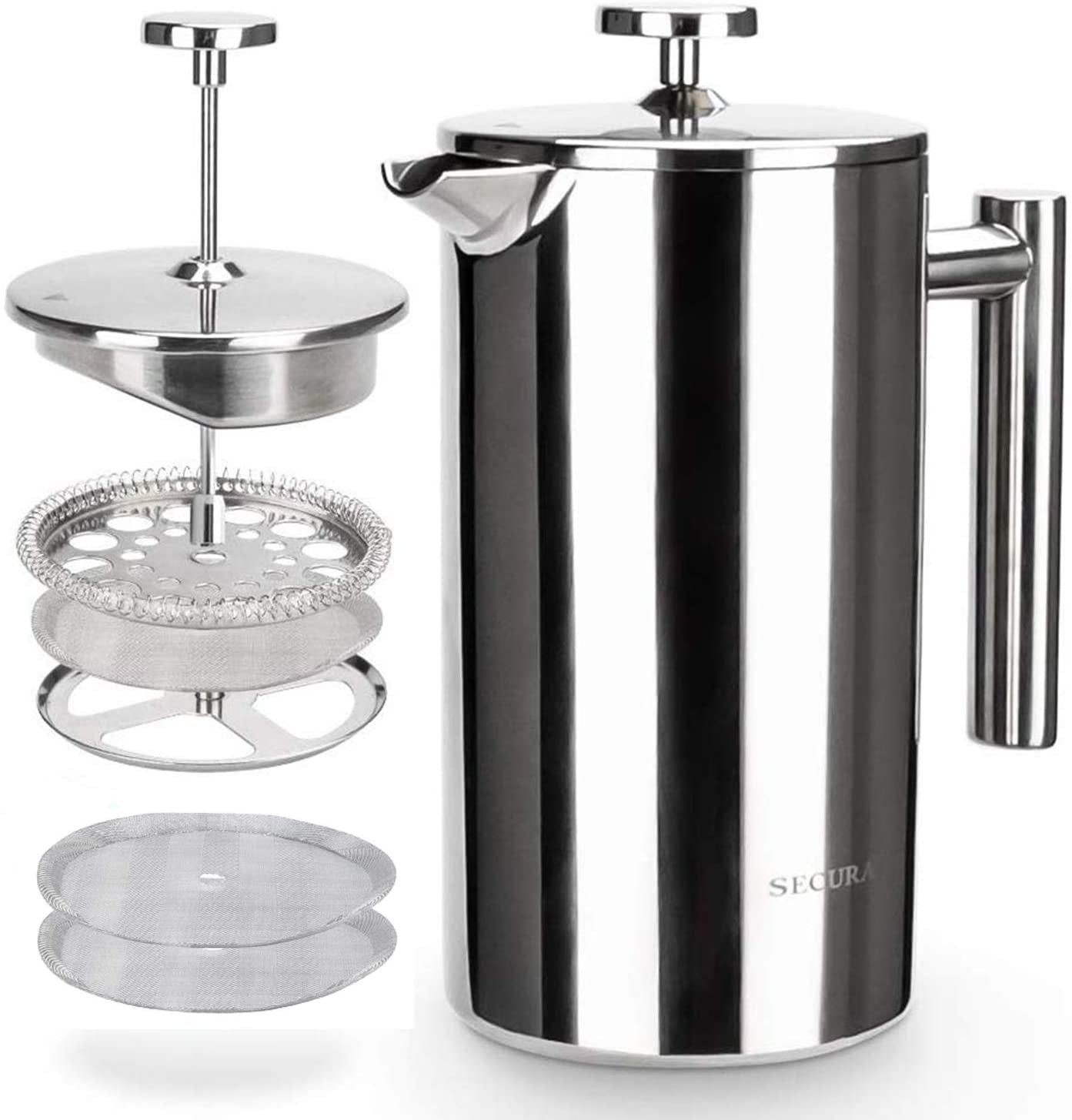Secura 34Oz French Press Coffee Maker - Premium 304 Stainless Steel Insulated Coffee Press with 2 Extra Screens - Sleek Silver Design