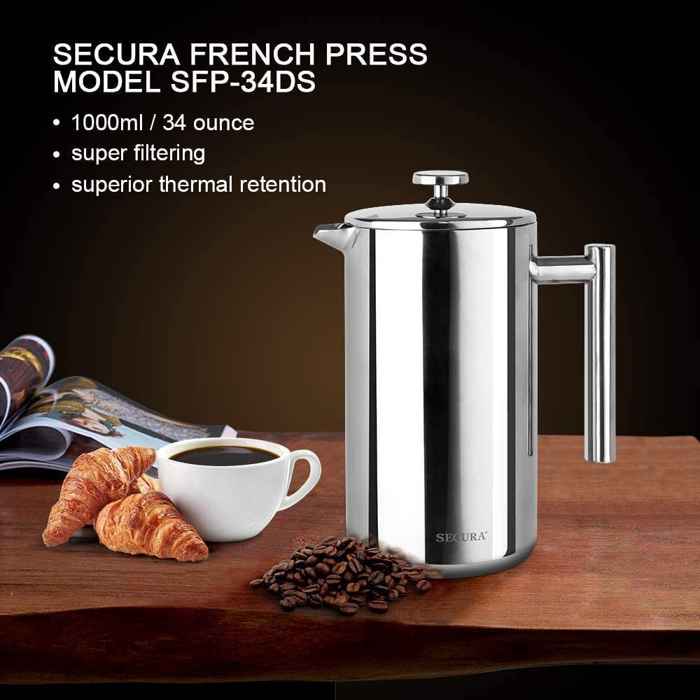 Secura 34Oz French Press Coffee Maker - Premium 304 Stainless Steel Insulated Coffee Press with 2 Extra Screens - Sleek Silver Design