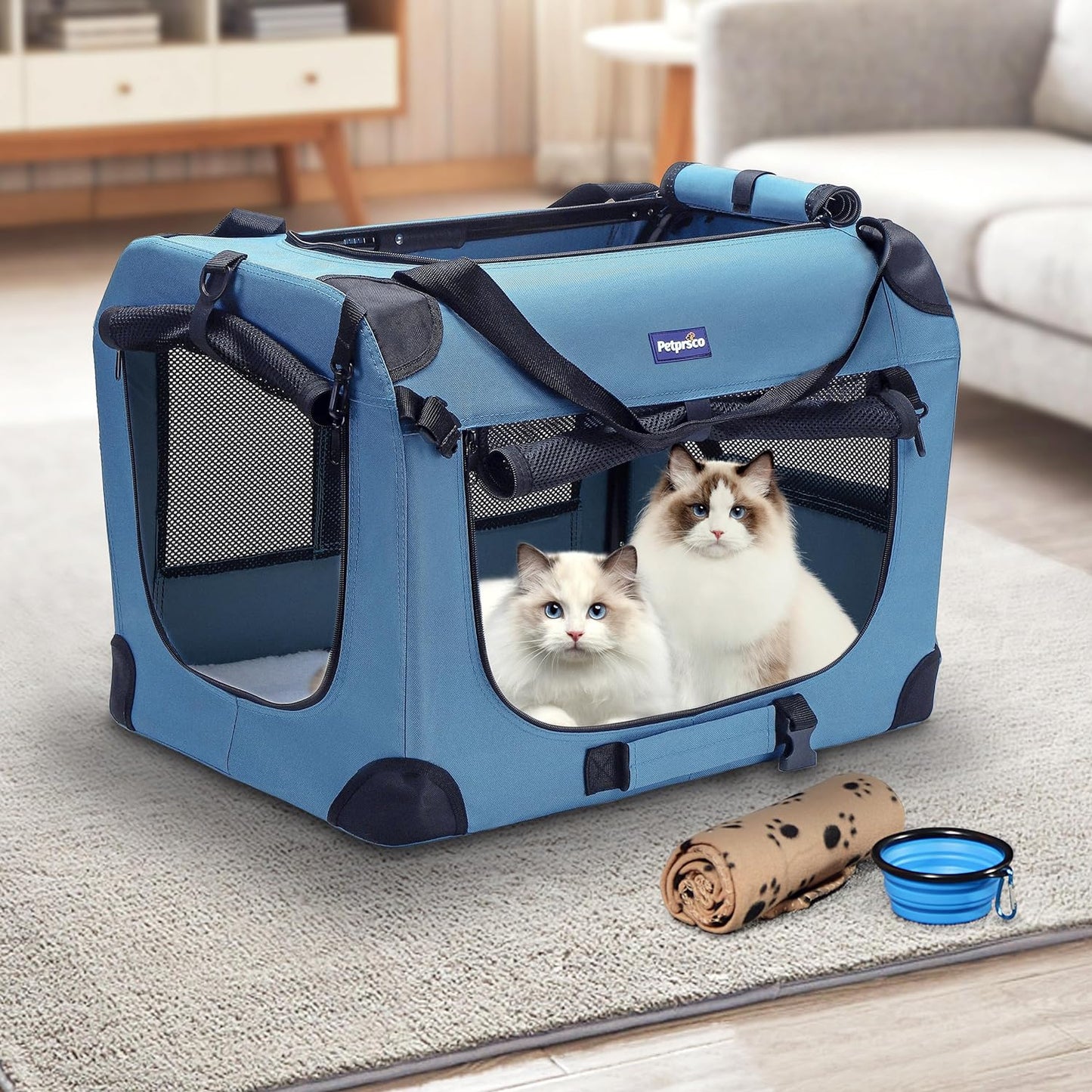 Petprsco Portable Collapsible Dog Crate, Travel Dog Crate 24X17X17 with Soft Warm Blanket and Foldable Bowl for Large Cats & Small Dogs Indoor and Outdoor