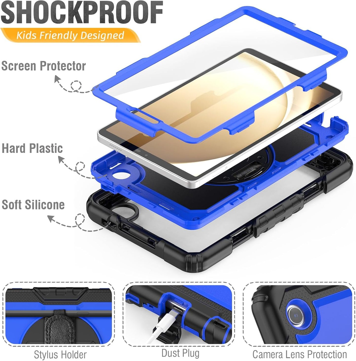HXCASEAC Samsung Galaxy Tab A9 8.7" Shockproof Case - Stylish Blue Design with Screen Protector, Hand Strap & Pen Holder for SM-X110 SM-X115 SM-X117