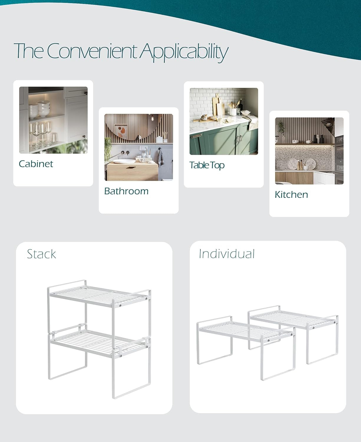 2-Pack Stackable Steel Frame Shelf Organizer - Space-Saving Storage Solution for Kitchen, Bathroom, Office & More - Rust Resistant & Non-Slip White Design
