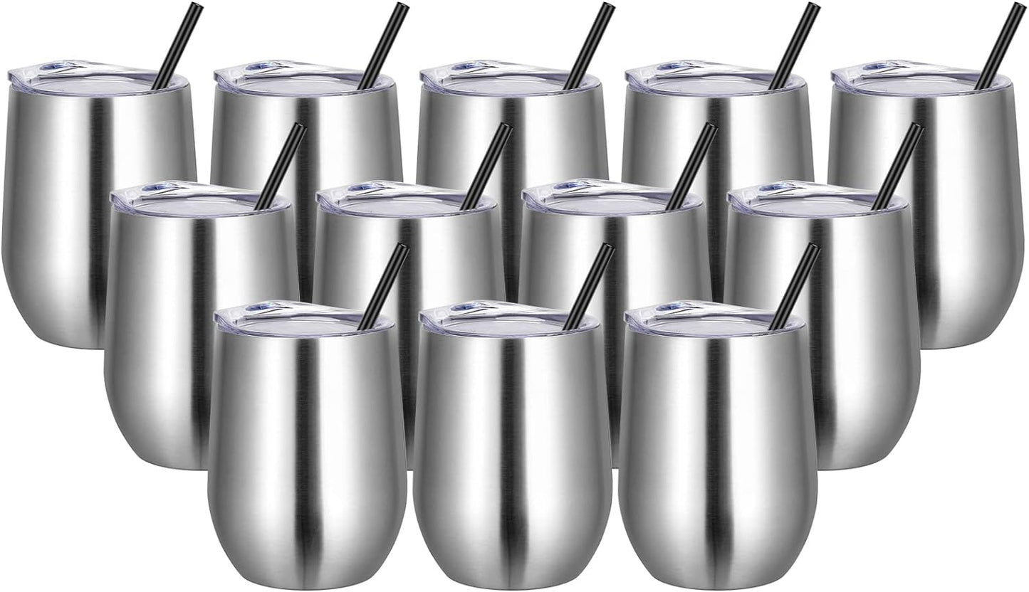 VEGOND 12-Pack Stainless Steel Wine Tumblers - 12oz Double Wall Insulated Cups with Lids & Straws for Hot & Cold Drinks