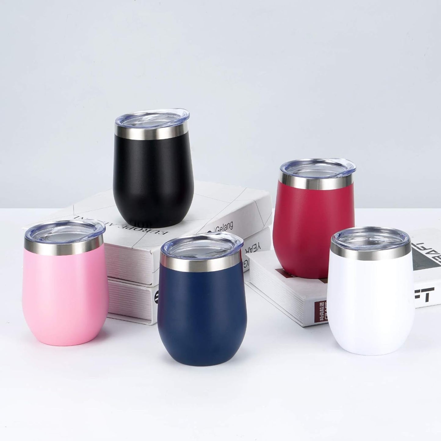 Set of 8 Insulated 12Oz Stainless Steel Wine Tumblers - Double Wall Stemless Cups with Lids for Wine, Coffee, Cocktails & Champagne - Sleek Black Design