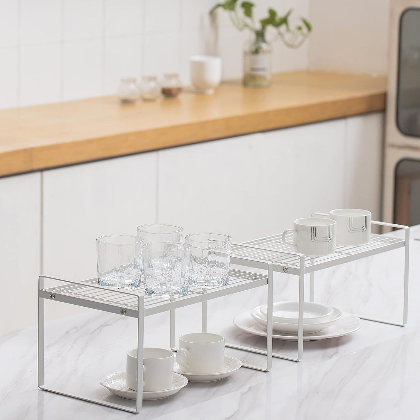 2-Pack Stackable Steel Frame Shelf Organizer - Space-Saving Storage Solution for Kitchen, Bathroom, Office & More - Rust Resistant & Non-Slip White Design