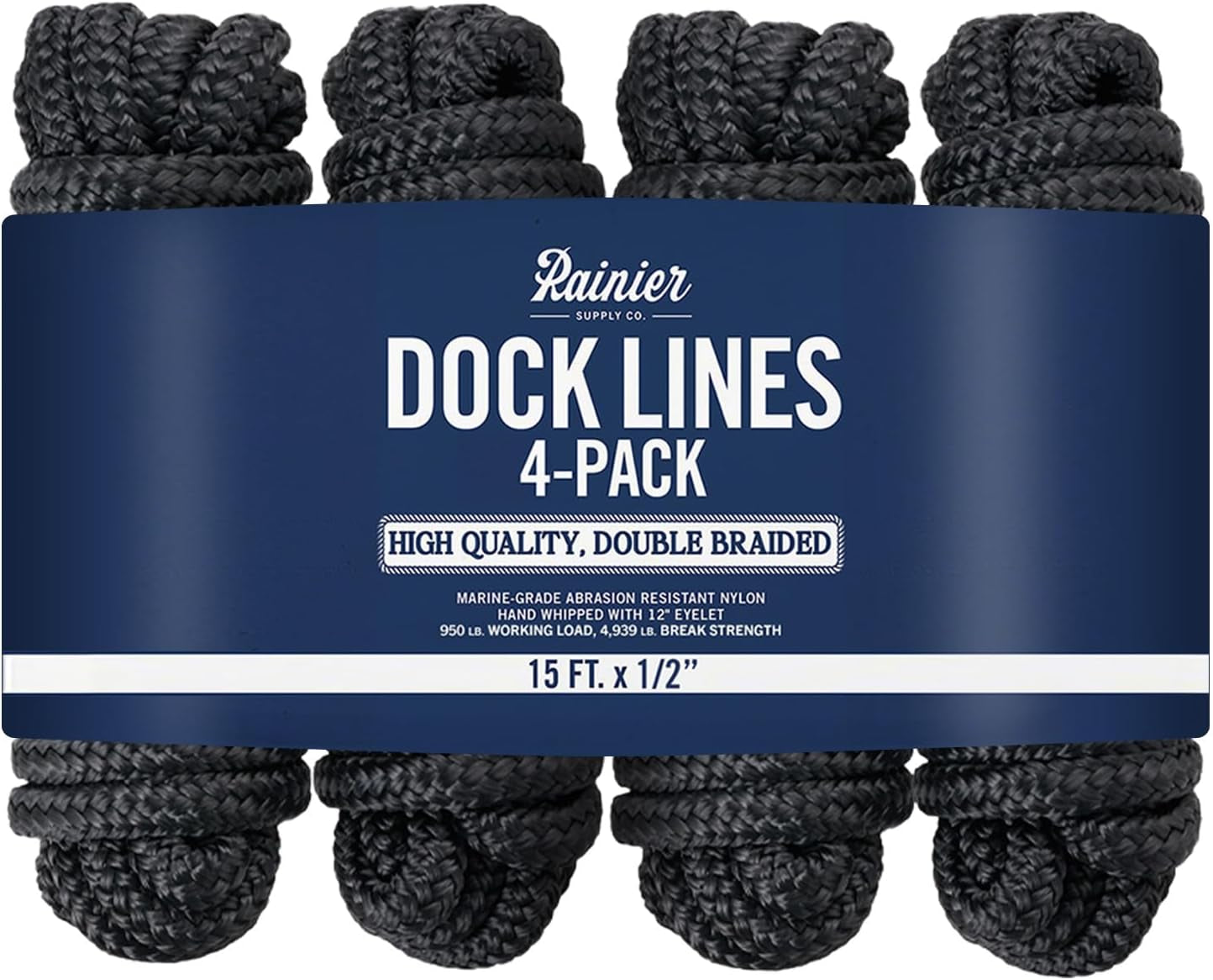 Rainiersupplyco Dock Lines - Boat Rope for Docking with Loop - 30 Ft X 3/4 Inch Premium Double Braided Nylon Marine Rope - Mooring Line with 18" Eyelet - Boat Accessories - Navy Blue