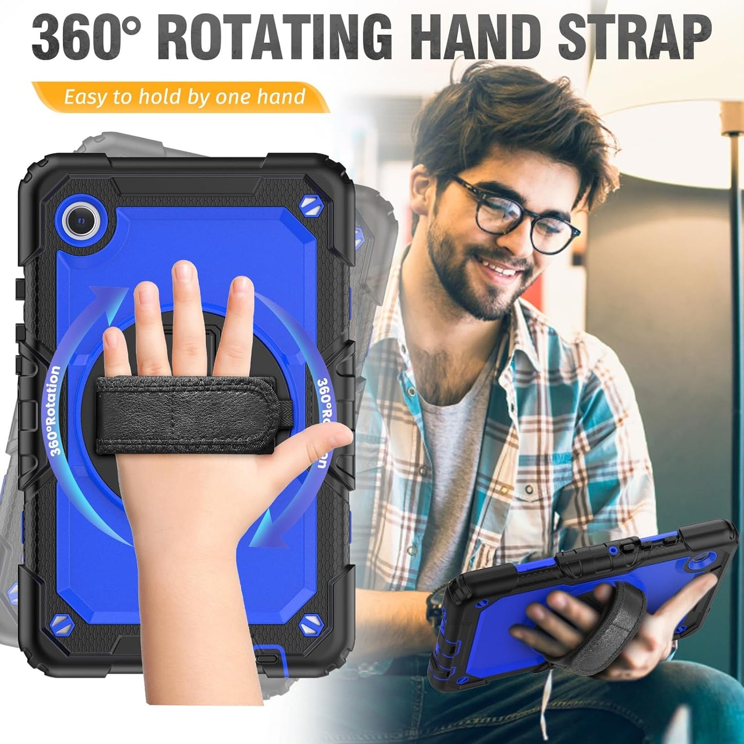HXCASEAC Samsung Galaxy Tab A9 8.7" Shockproof Case - Stylish Blue Design with Screen Protector, Hand Strap & Pen Holder for SM-X110 SM-X115 SM-X117