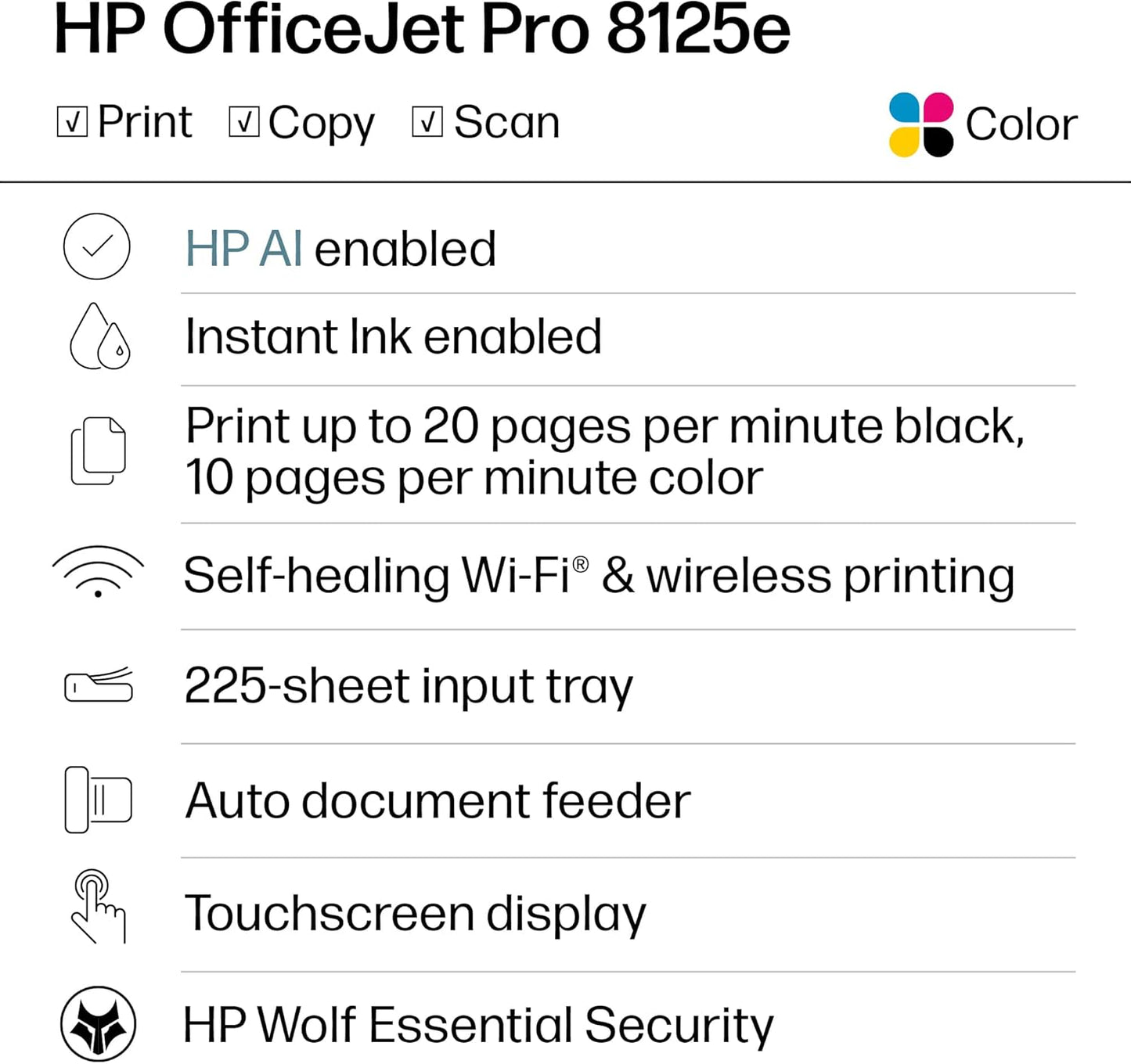 HP Officejet Pro 8125E Wireless All-In-One Color Inkjet Printer - Ideal for Home Office, Print, Scan, Copy, ADF, Duplex Printing, Includes 3-Month Instant Ink Trial, AI-Enabled