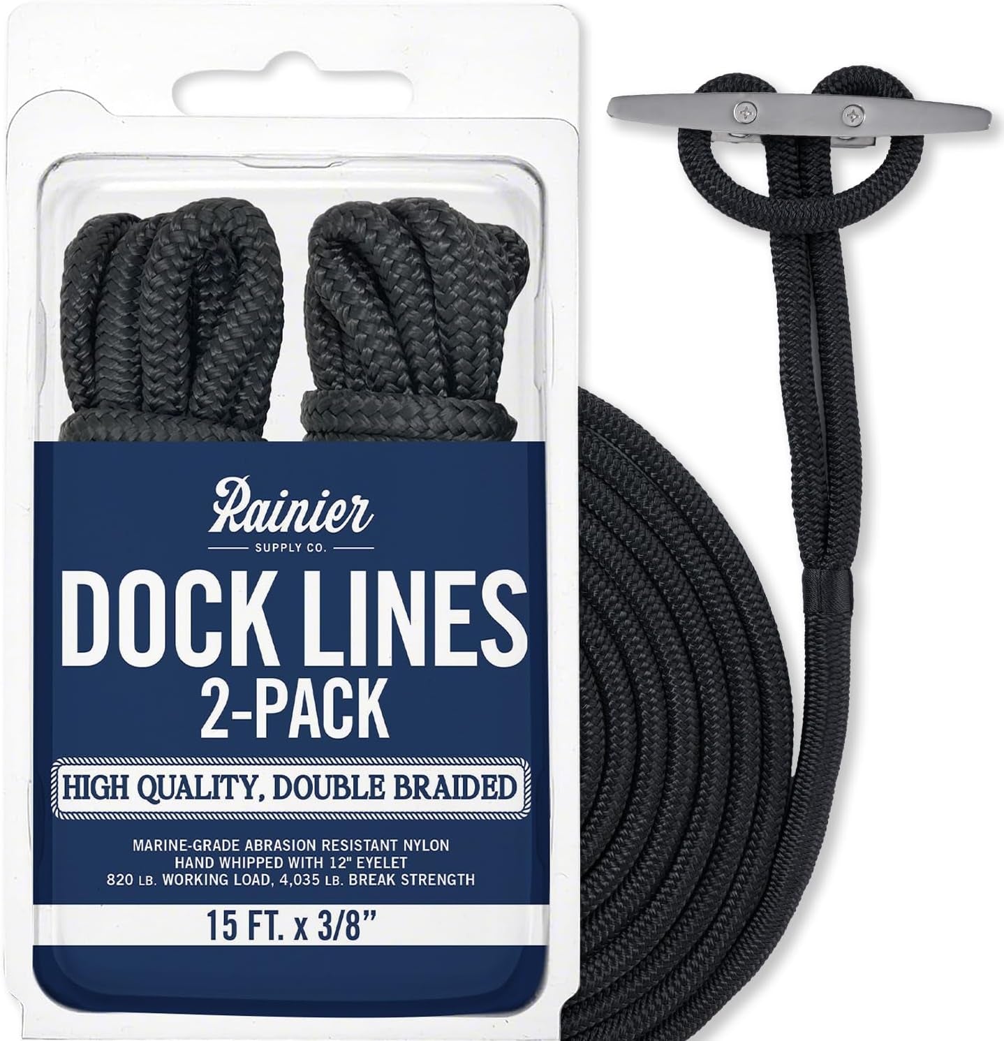 Rainiersupplyco Dock Lines - Boat Rope for Docking with Loop - 30 Ft X 3/4 Inch Premium Double Braided Nylon Marine Rope - Mooring Line with 18" Eyelet - Boat Accessories - Navy Blue