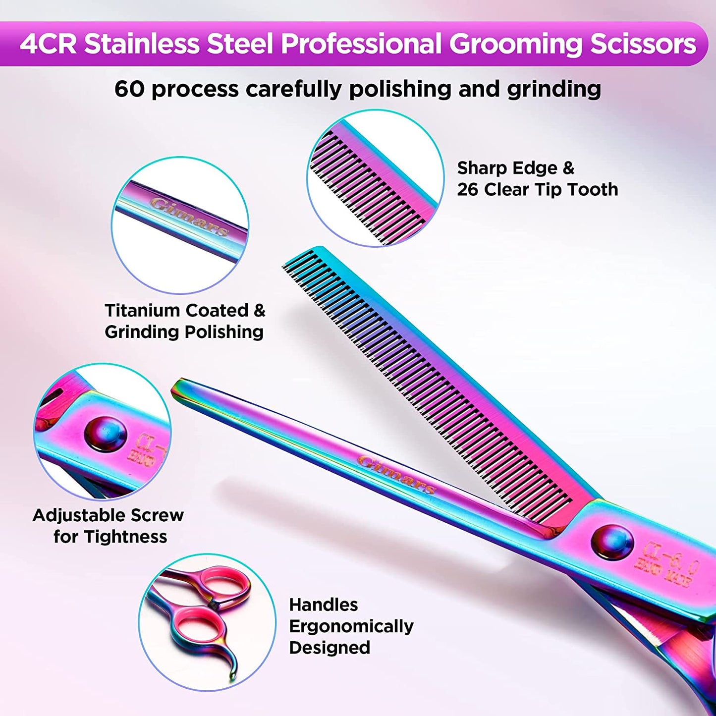Gimars Professional 4CR Stainless Steel 6 in 1 Grooming Scissors for Dogs with Safety round Tip, Heavy Duty Titanium Coated Pet Grooming Scissor for Dogs, Cats and Other Animals