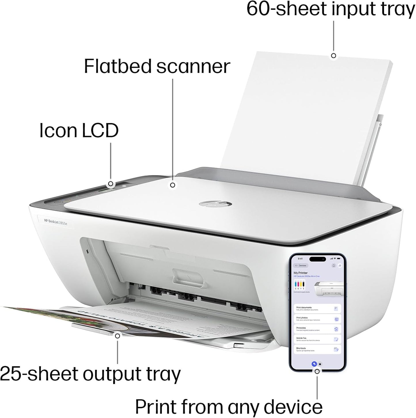 HP Deskjet 2855E Wireless All-In-One Printer with Scanner and Copier - Ideal for Home Use, Includes 3-Month Instant Ink Trial, AI-Enabled Technology