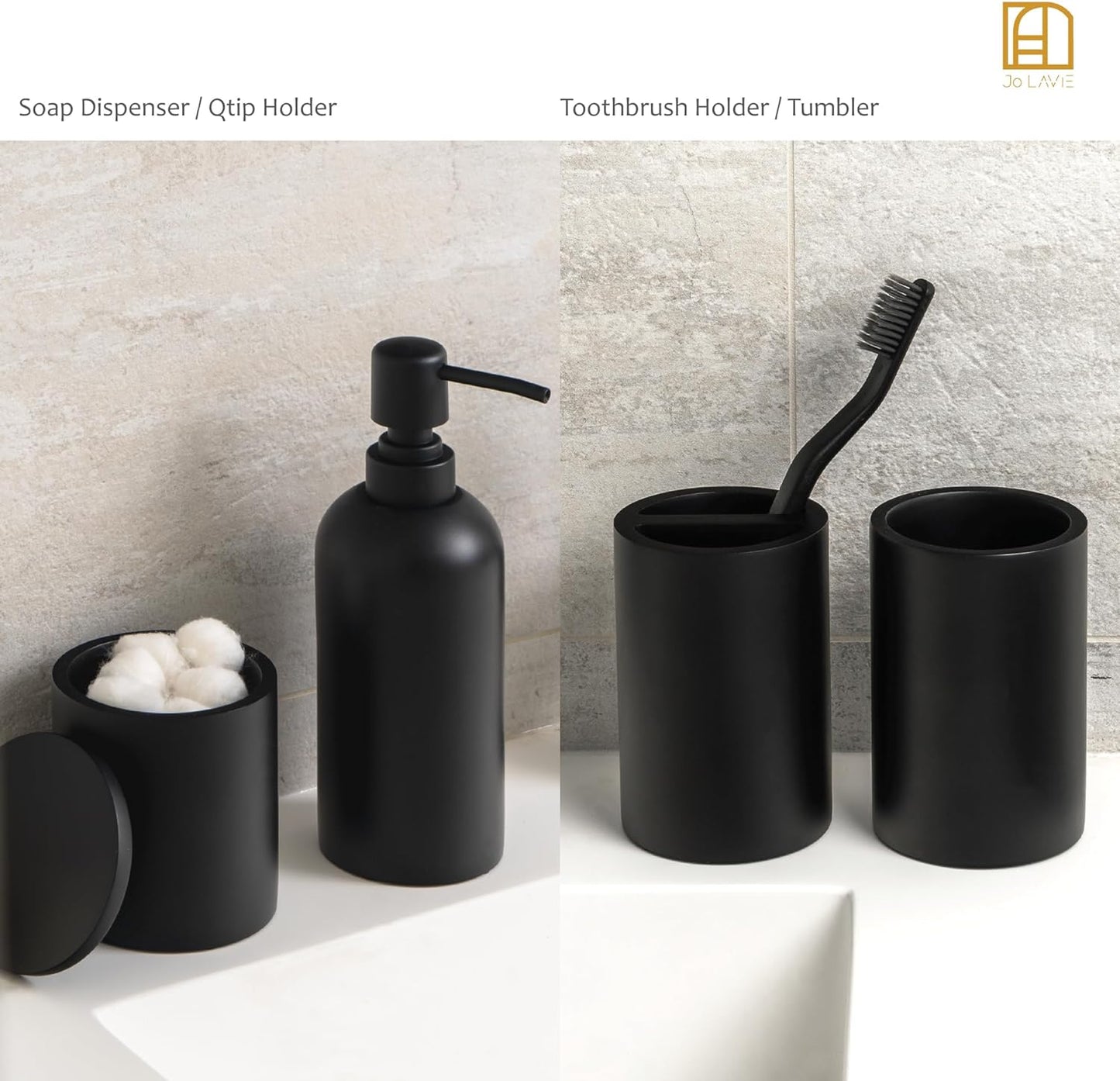 Sleek Matte Black 4-Piece Bathroom Accessory Set - Toothbrush Holder, Soap Dispenser, Tumbler & Cotton Swab Jar for Stylish Vanity Organization